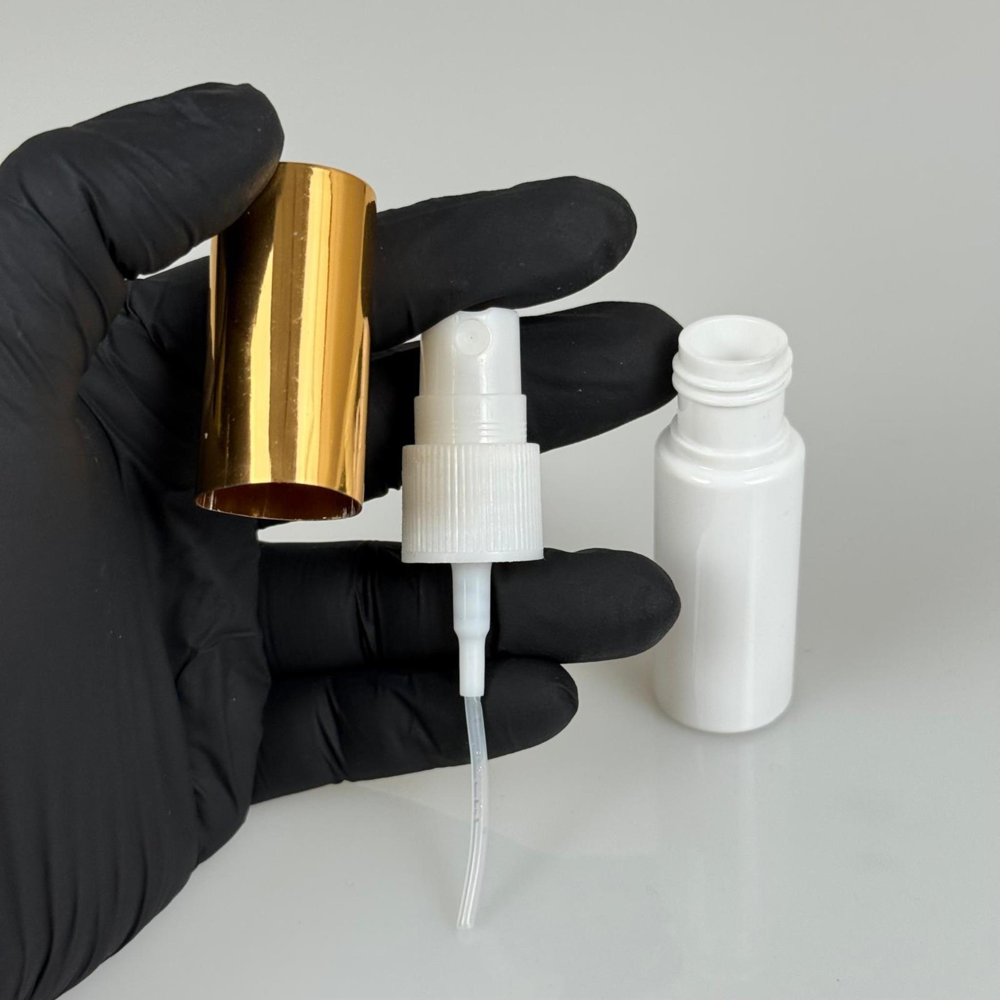 15 ML PET KOLONYA, PARFÜM VB ŞİŞELERİ - METAL ALÜMİNYUM GOLD KAPAK + VİDALI SPREY + 15 CC BEYAZ ŞİŞE SET TAKIM
