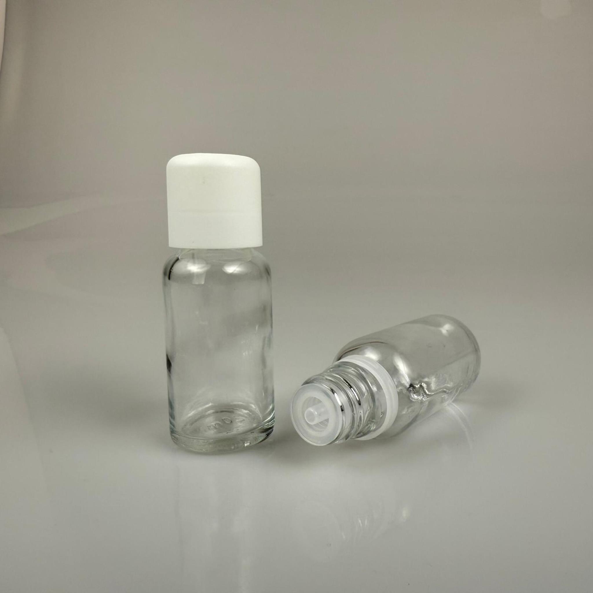 20 CC ŞEFFAF CAM ŞİŞE + İÇTEN DAMLALIKLI ÇOCUK KİLİTLİ BEYAZ KAPAK - SAYDAM 20 ML KİLİT KAPAKLI DAMLATMALI ŞİŞE