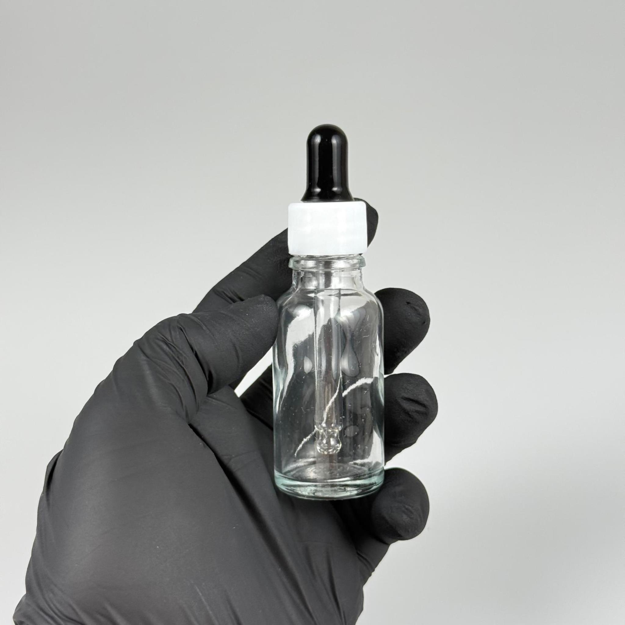 20 CC ŞEFFAF CAM DAMLALIKLI ŞİŞE - SİYAH EMZİK + BEYAZ DÜZ KAPAK + CAM PİPET TAKIM - 20 ML DAMLALIKLI ŞİŞE SETİ