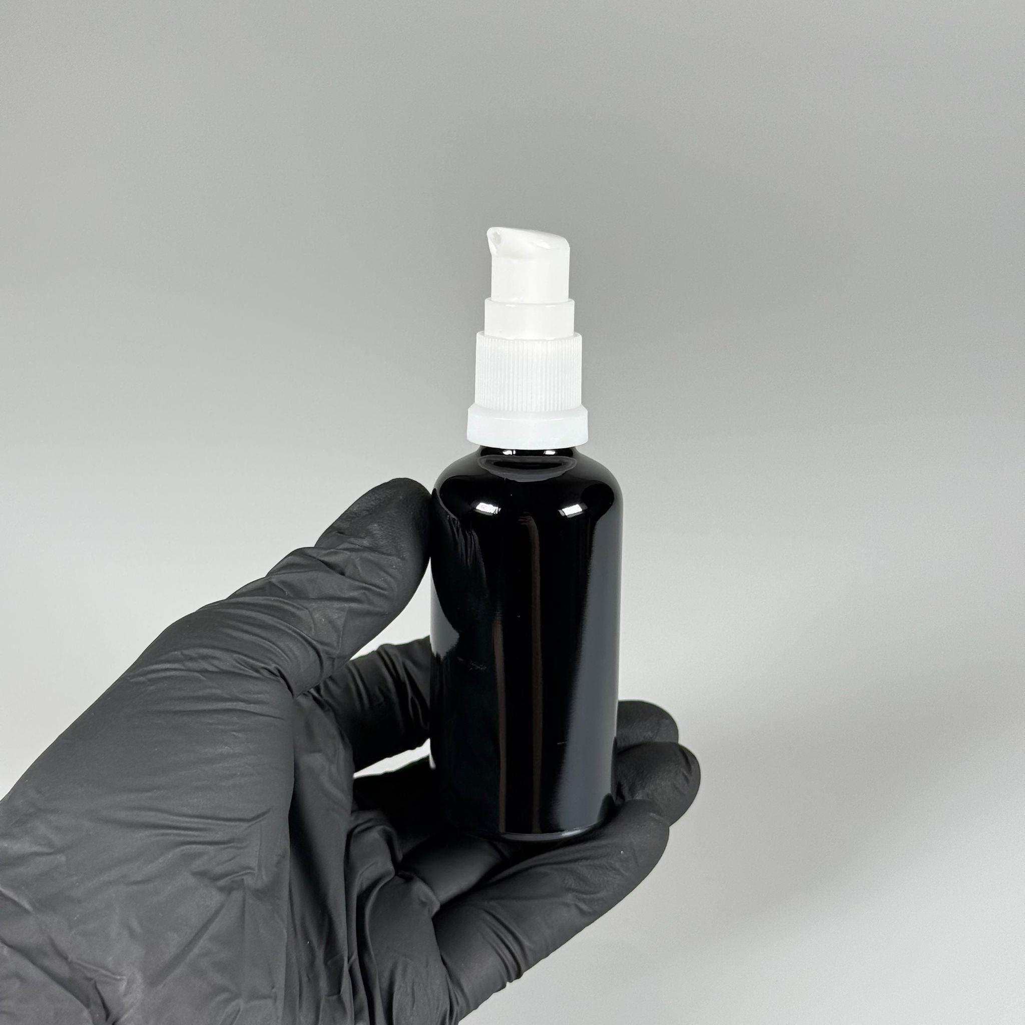 50 CC SİYAH CAM ŞİŞE - SIZDIRMAZ ETEKLİ BEYAZ LOSYON POMPALI TAKIM - 50 ML LOSYON ŞİŞESİ - YAĞ, KREM GİBİ YOĞUN KIVAMLI SIVILAR İÇİN CAM AMBALAJ