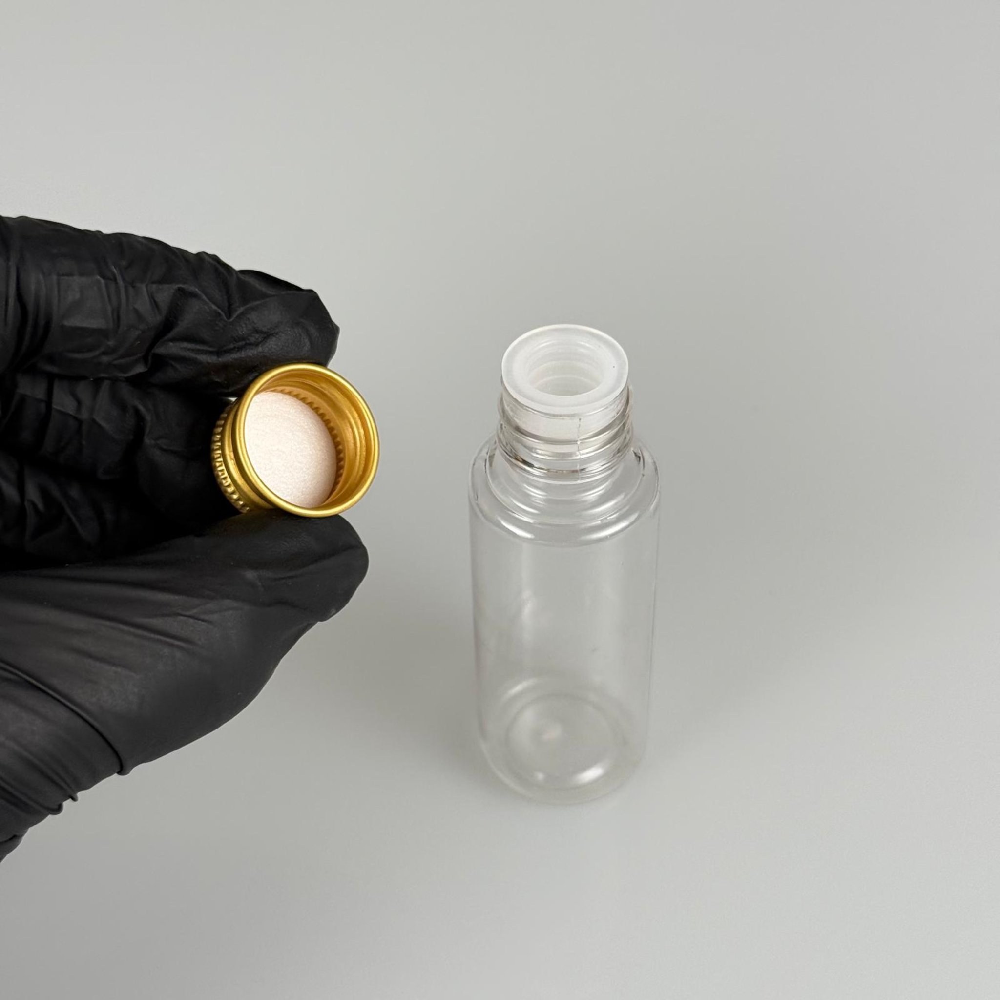 30 CC ŞEFFAF  PET SHOT ŞİŞE - KÖPÜK CONTALI GOLD ALÜMİNYUM METAL KAPAKLI + KÖR TIPALI TAKIM - 30 ML PLASTİK ŞİŞE