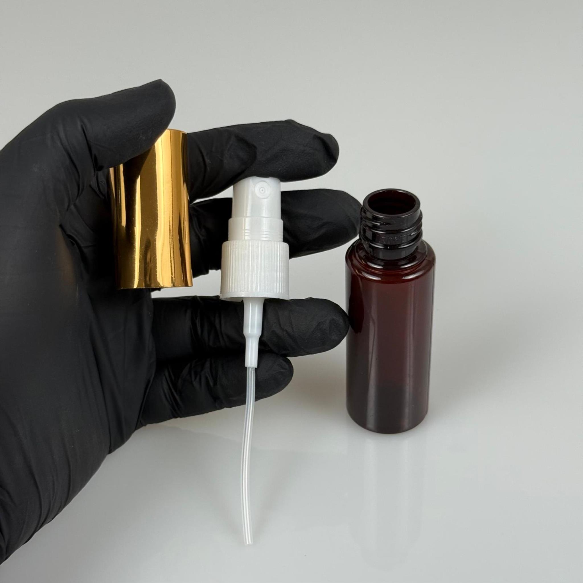 30 ML PET KOLONYA, PARFÜM VB ŞİŞELERİ - METAL ALÜMİNYUM GOLD KAPAK + VİDALI SPREY + 30 CC AMBER SHOT ŞİŞE SET TAKIM