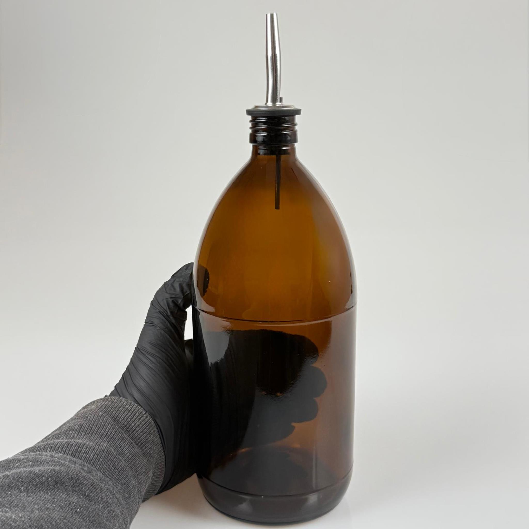 1000 CC AMBER TOMBUL ÖZEL SERİ CAM ŞİŞE - ÇELİK YAĞDANLIK TIPALI - 1000 ML CAM ECZA ŞİŞESİ - KAHVERENGİ