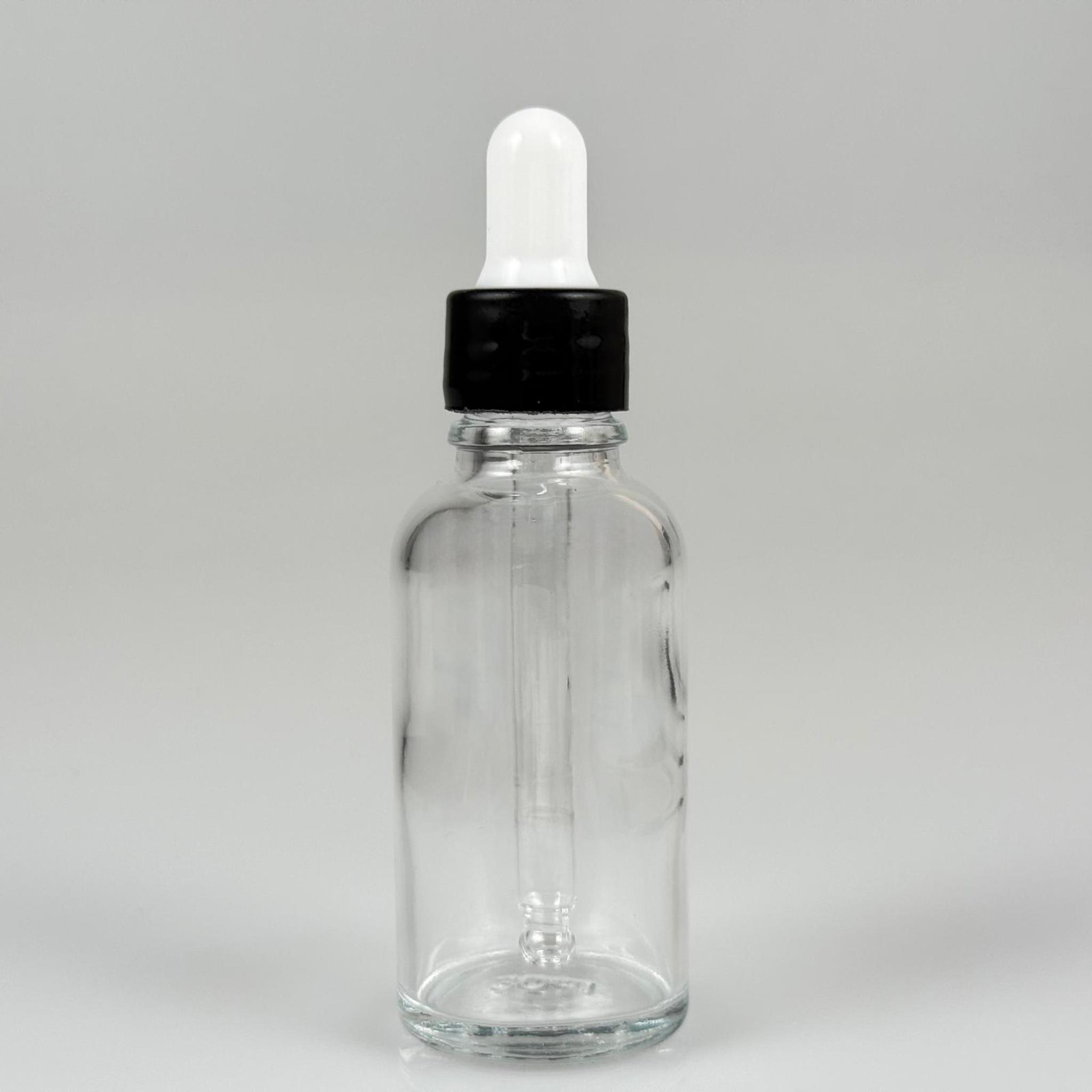 30 CC ŞEFFAF CAM DAMLALIKLI ŞİŞE - BEYAZ EMZİK + SİYAH DÜZ KAPAK + CAM PİPET TAKIM - 30 ML DAMLALIKLI ŞİŞE SETİ