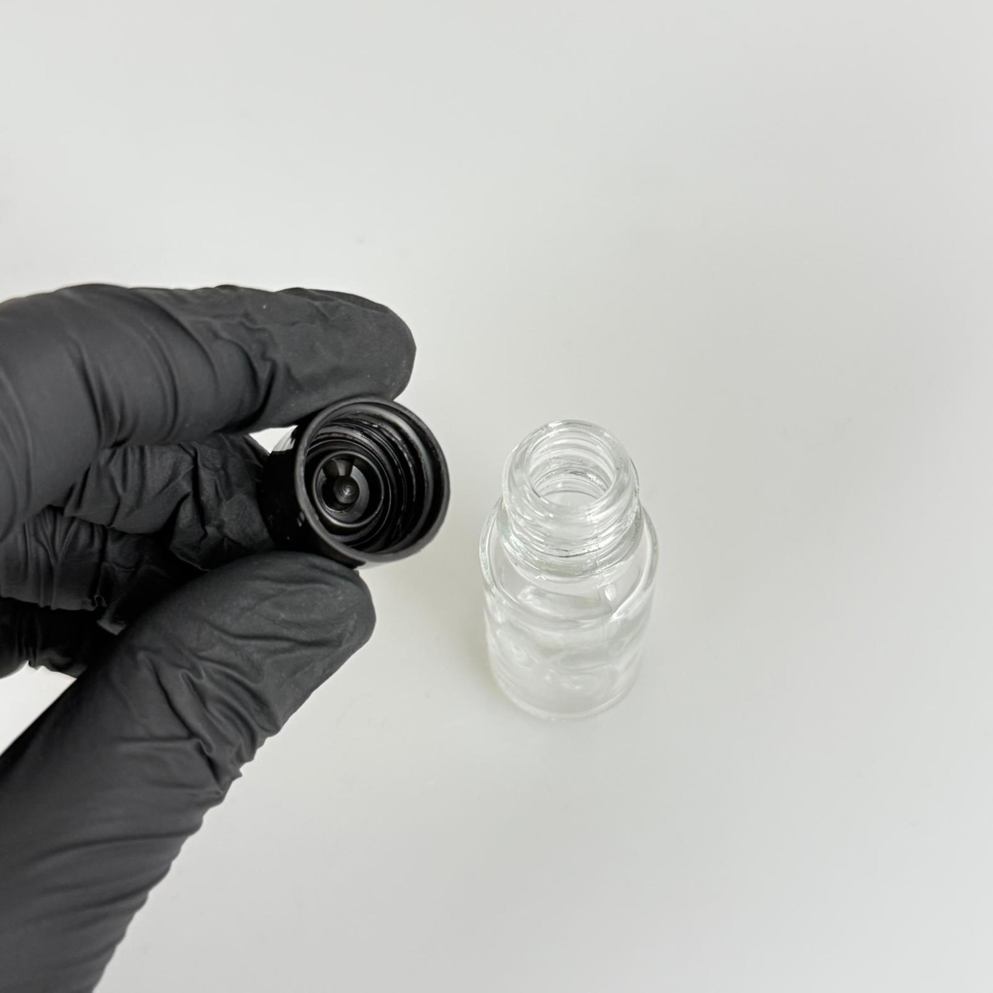10 ML ŞEFFAF CAM ŞİŞE + CONTALI SİYAH KAPAK - 10 CC KAPAKLI CAM ŞİŞE