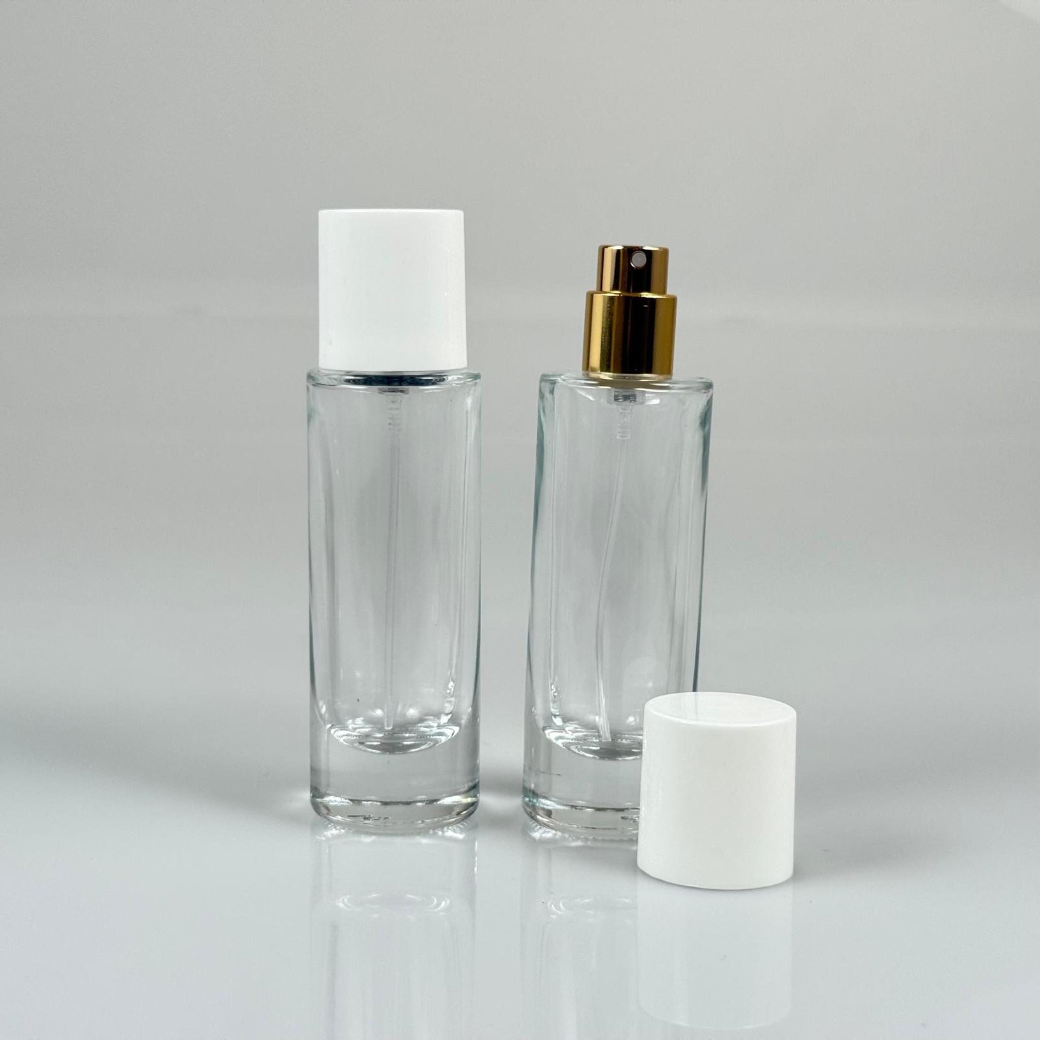 30 ML SİLİNDİR UZUN MODEL PARFÜM ŞİŞESİ - GOLD METAL SPREYLİ + BEYAZ PLASTİK KAPAKLI (AĞIZ 15 MM GEÇME KOLAY KAPAMA)