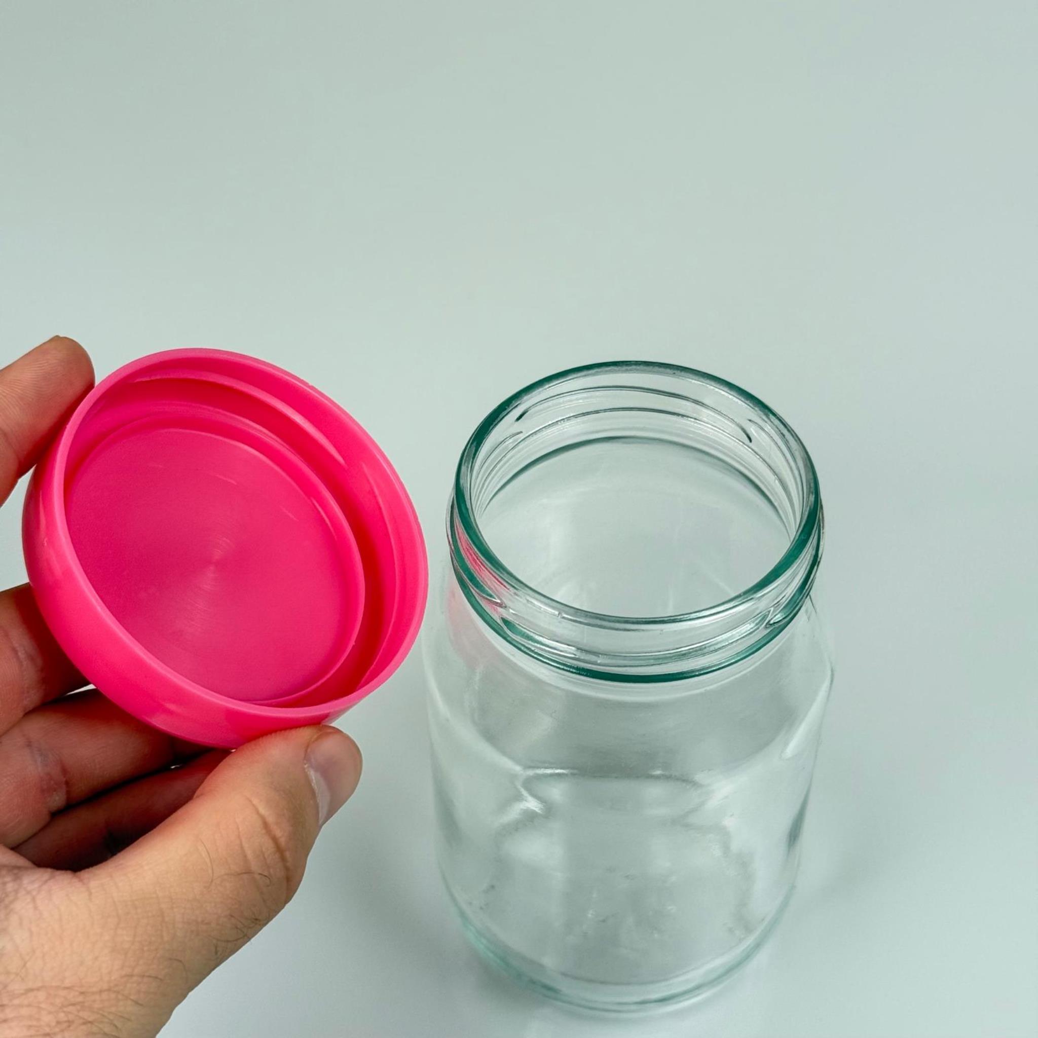 370 CC CAM KAVANOZ + PEMBE PLASTİK KAPAK - 370 ML PLASTİK KAPAKLI CAM KAVANOZ