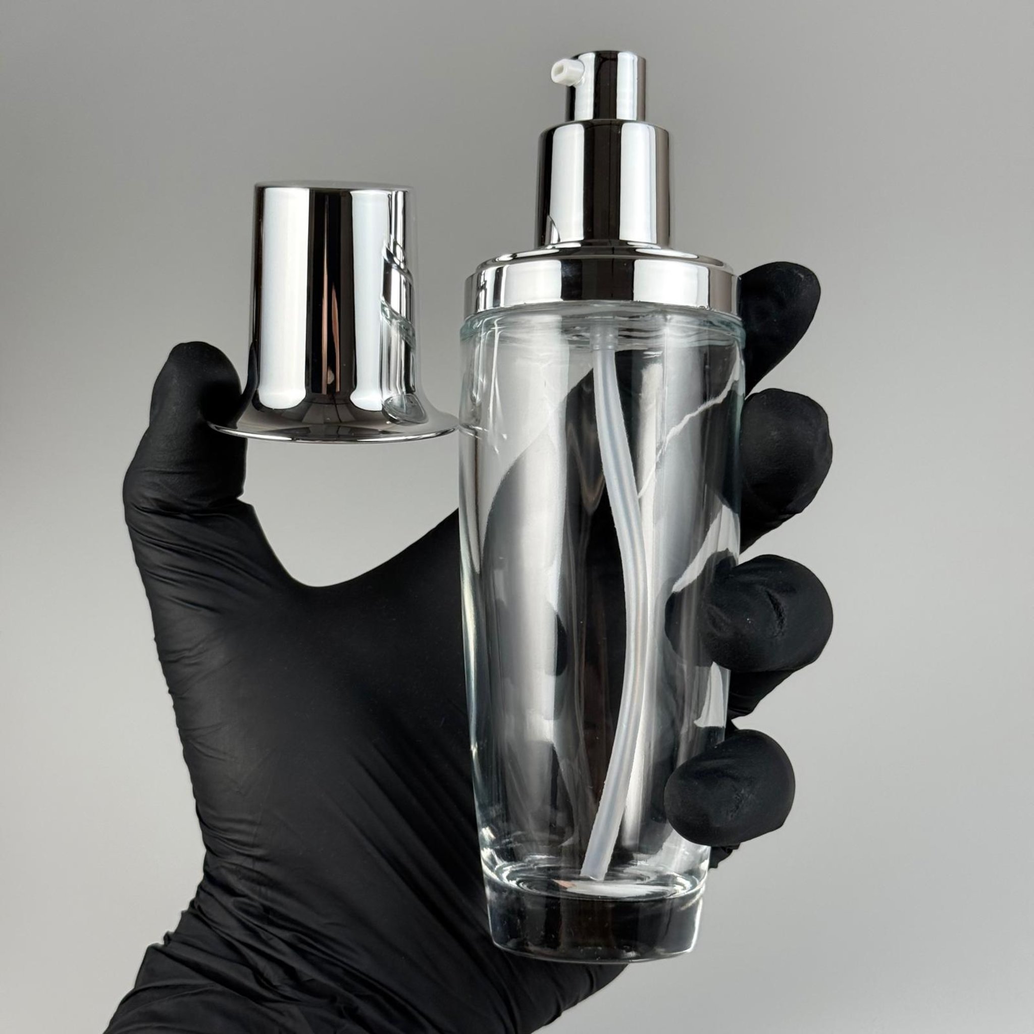 100 ML ROMA ŞİŞE - GÜMÜŞ METAL POMPALI BOŞ LÜX KREM VE LOSYON ŞİŞELERİ