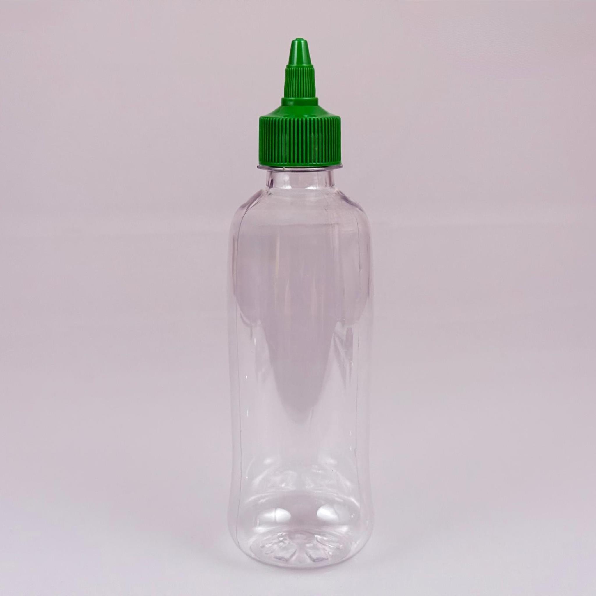 ZEYTİNYAĞI, SOS, ACI SOS, SİRKE, SRIRACHA VB BOŞ ŞİŞELERİ - YEŞİL SİVRİ TWİST AKITICI KAPAK + 330 ML UZUN ŞEFFAF PET PLASTİK ŞİŞE TAKIM