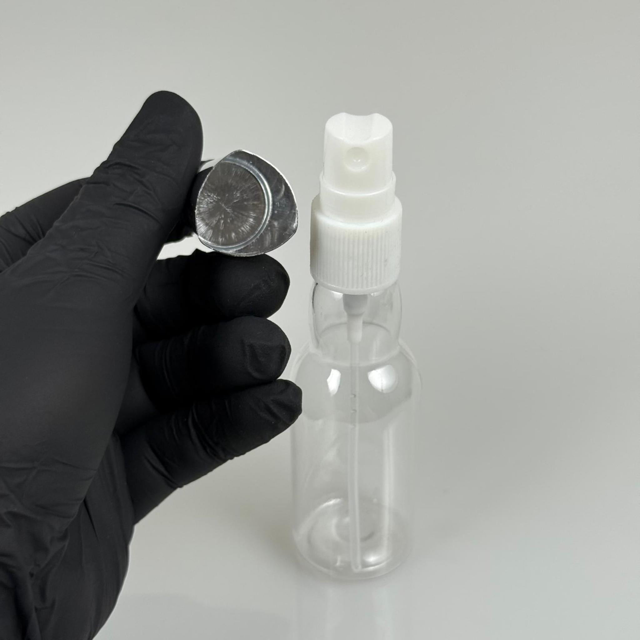 40 ML PET KOLONYA, PARFÜM VB ŞİŞELERİ - METAL ALÜMİNYUM GÜMÜŞ KAPAK + VİDALI SPREY + 40 CC BOĞAZLI ŞİŞE SET TAKIM