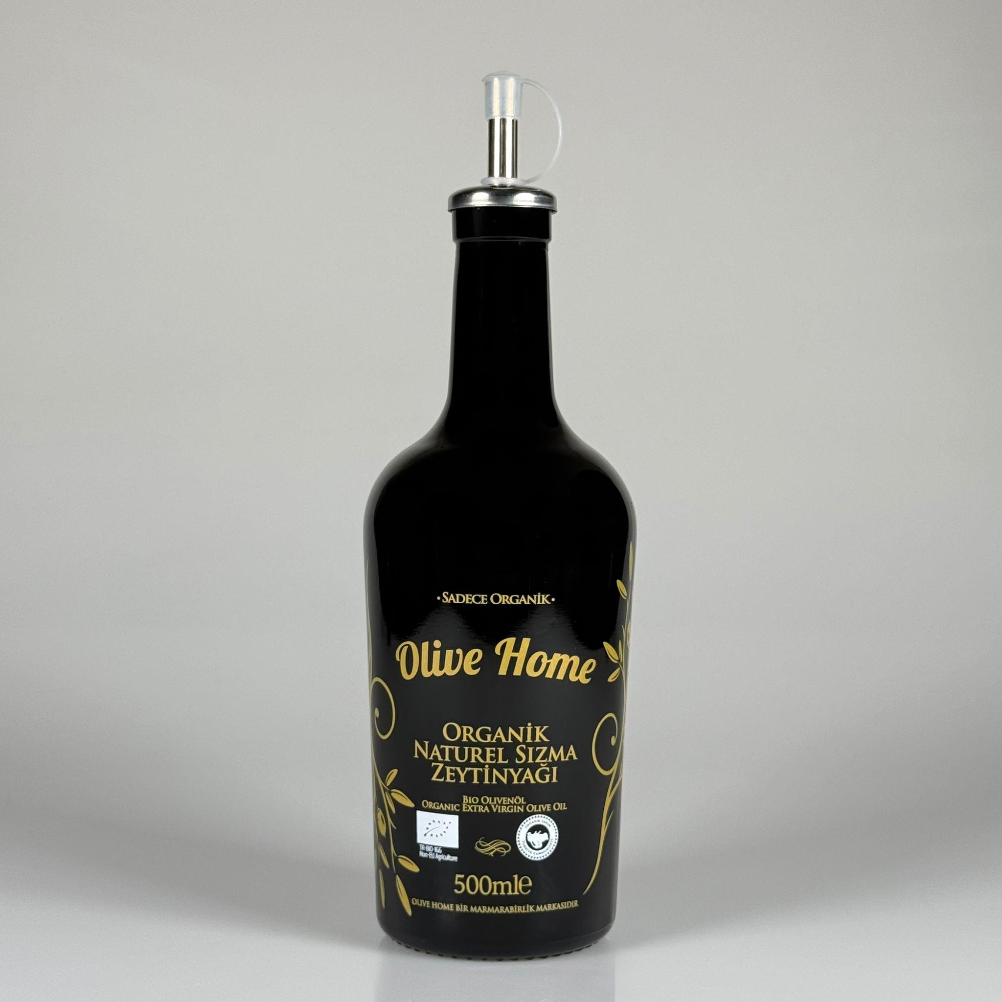 500 CC SİYAH OLİVE YAZI CAM ZEYTİNYAĞ ŞİŞESİ - ÇELİK KAPAKLI YAĞDANLIK TIPALI YAĞ AKITICILI - 500 ML YAĞDANLIK BASKILI CAM ŞİŞE