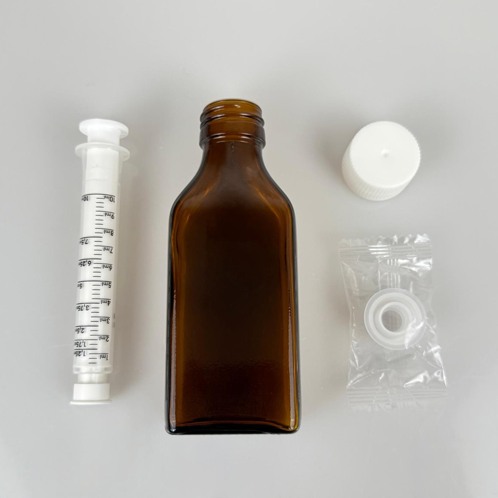 100 ML YASSI CAM ECZA ŞİŞESİ + 10 ML DOZAJ PİPETİ + DOZAJ TIPASI + CONTALI PLASTİK KAPAK TAKIM
