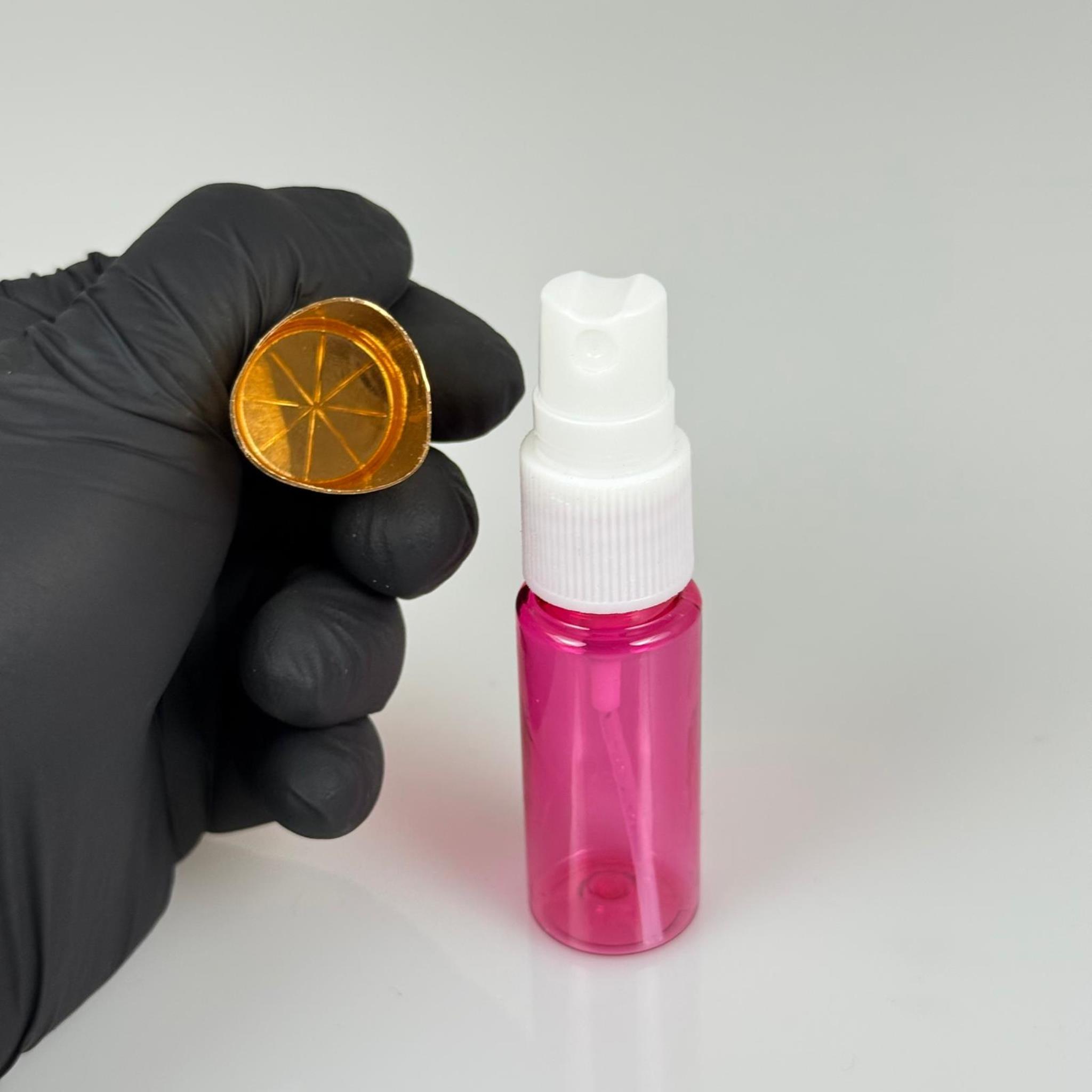 15 ML PET KOLONYA, PARFÜM VB ŞİŞELERİ - METAL ALÜMİNYUM GOLD KAPAK + VİDALI SPREY + 15 CC PEMBE ŞİŞE SET TAKIM