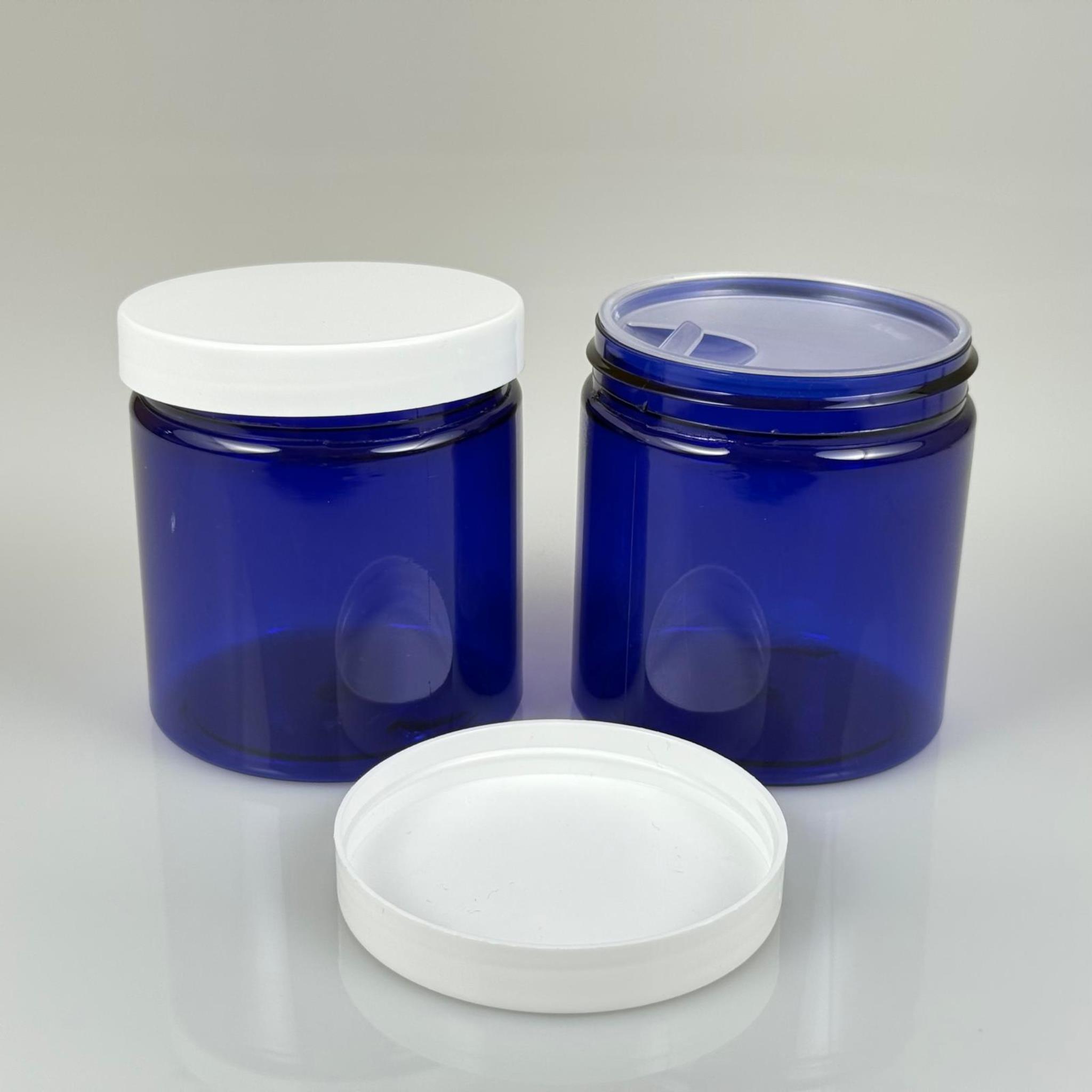 250 ML SERT PET KAVANOZ + BEYAZ PLASTİK KAPAK + İÇ TIPA - 250 CC KALIN MAVİ PLASTİK KAVANOZ BEYAZ PLASTİK KAPAKLI İÇ TIPALI TAKIM - KREM KAVANOZLARI