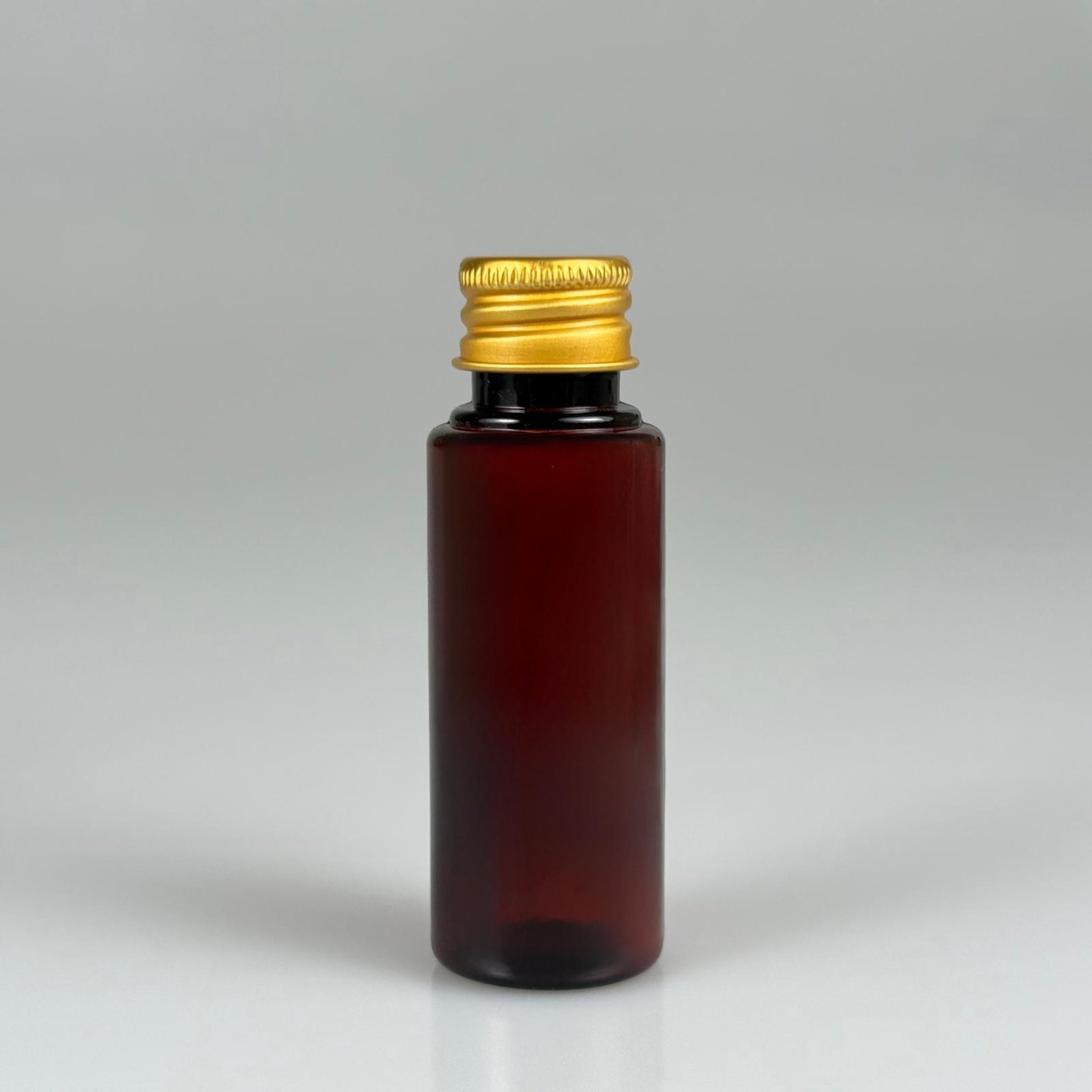 30 CC PET AMBER SHOT ŞİŞE - KÖPÜK CONTALI GOLD ALÜMİNYUM METAL KAPAKLI TAKIM - 30 ML KAHVERENGİ PLASTİK ŞİŞE