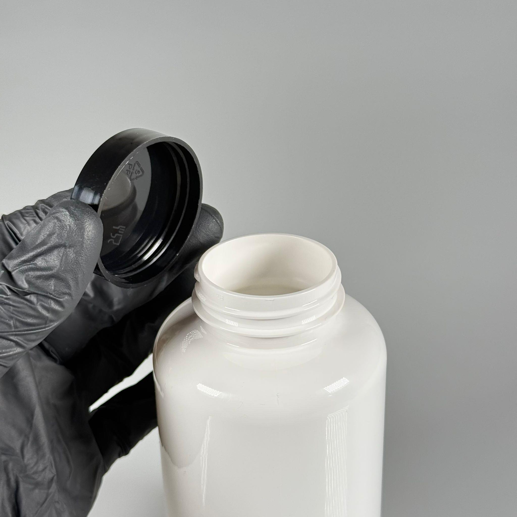 400 CC BEYAZ PET TABLET ŞİŞESİ - SİYAH KAPAKLI + KENDİNDEN YAPIŞKANLI KÖPÜK CONTALI - 400 ML KAPSÜL KUTUSU - İLAÇ ŞİŞESİ - MEDİKAL HAP ŞİŞESİ - FARMASÖTİK KAVANOZ