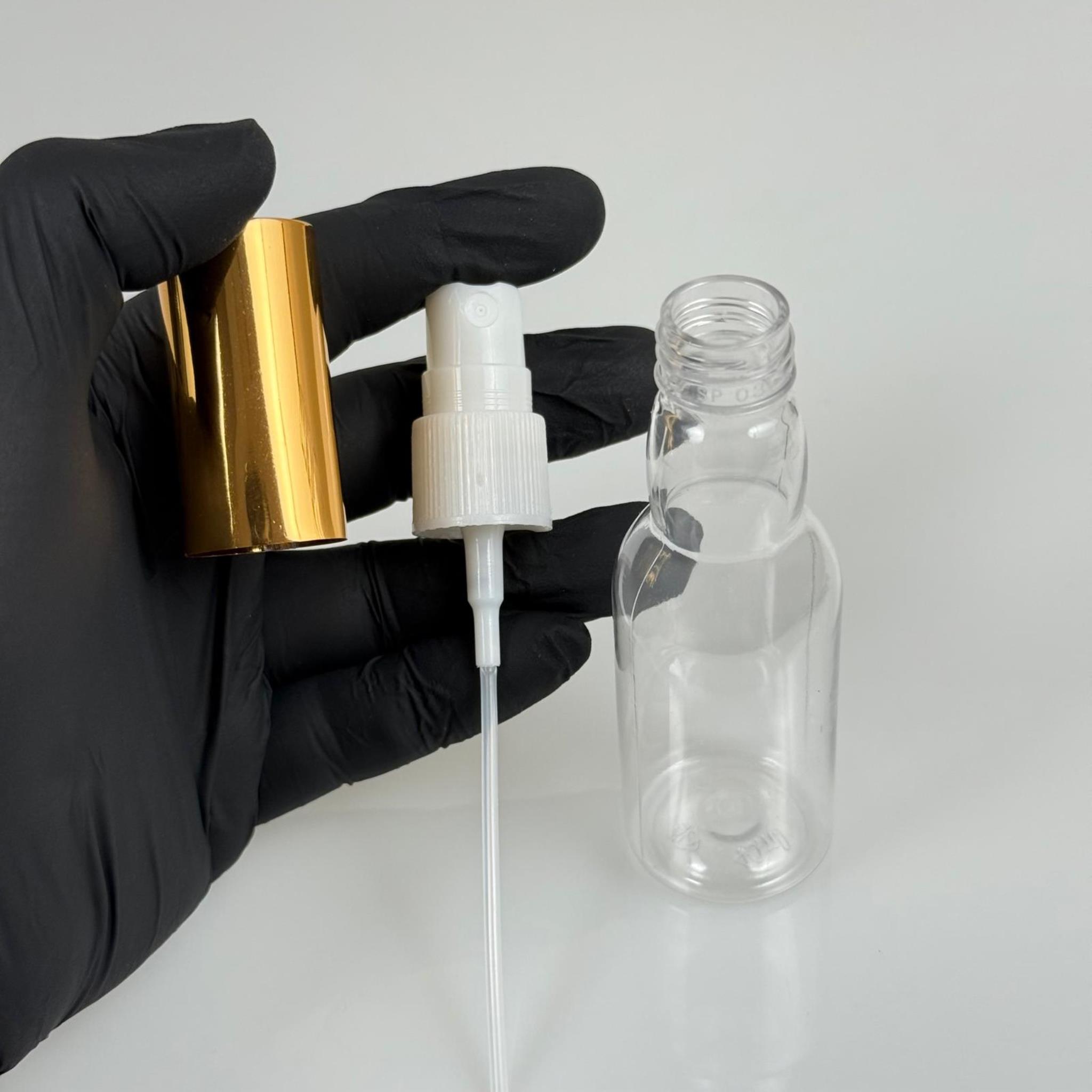 40 ML PET KOLONYA, PARFÜM VB ŞİŞELERİ - METAL ALÜMİNYUM GOLD KAPAK + VİDALI SPREY + 40 CC BOĞAZLI ŞİŞE SET TAKIM
