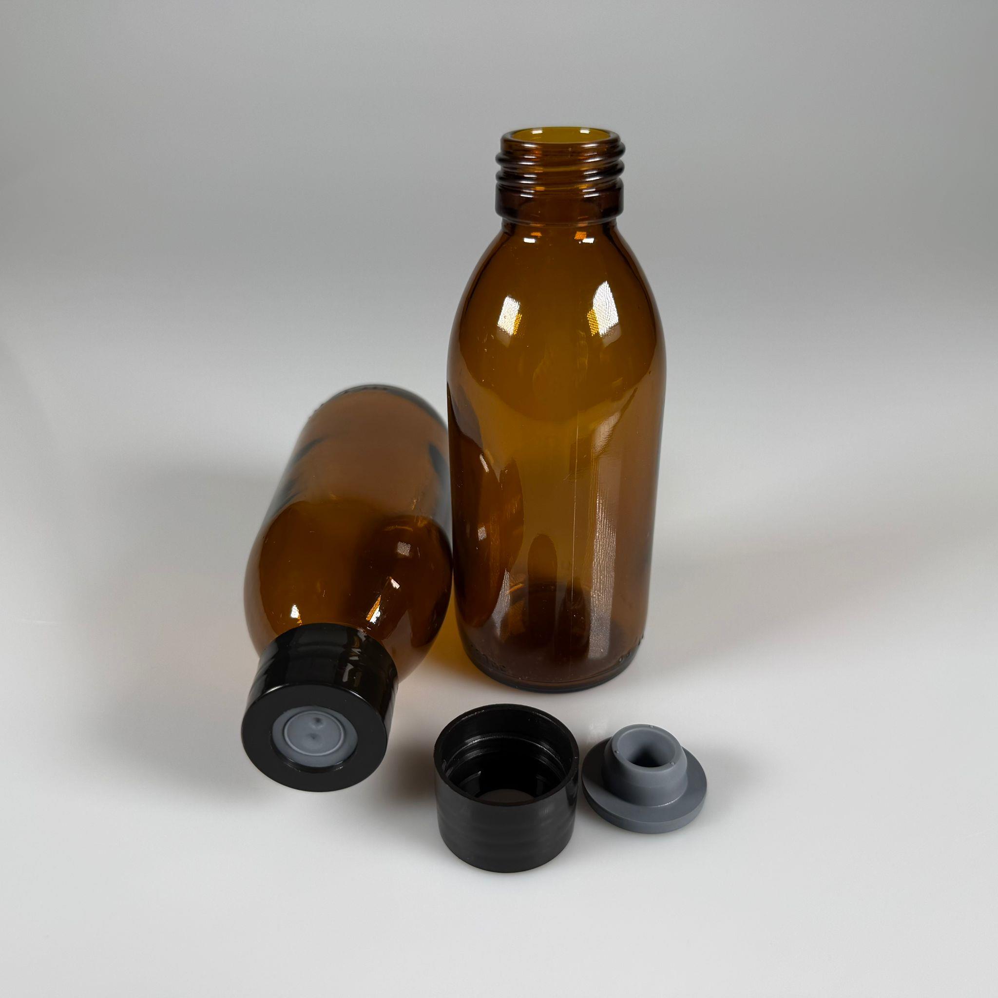 FLAKON ENJEKTÖR SERUM ŞİŞESİ - 150 ML ECZA CAM ŞİŞE + VİDALI DELİKLİ KAPAK (ELLE ÇEVİREREK KAPANIR) + KAUÇUK BUTİL TIPA TAKIM