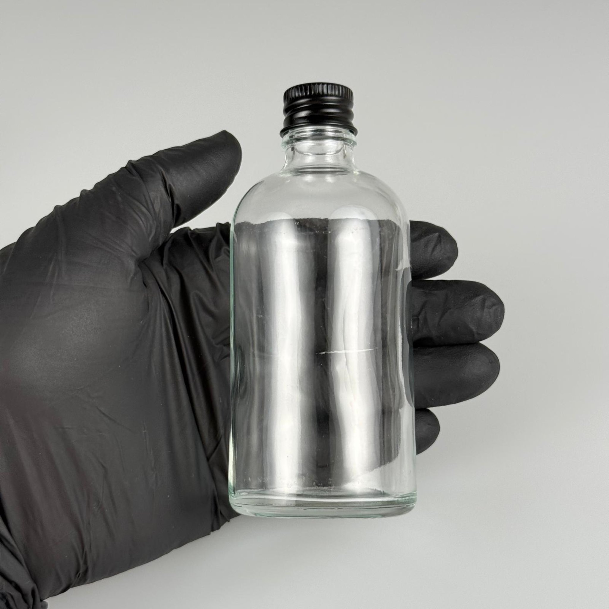 100 CC ŞEFFAF CAM ŞİŞE + KÖPÜK CONTALI SİYAH ALÜMİNYUM METAL KAPAKLI TAKIM - 100 ML ŞEFFAF CAM ŞİŞE