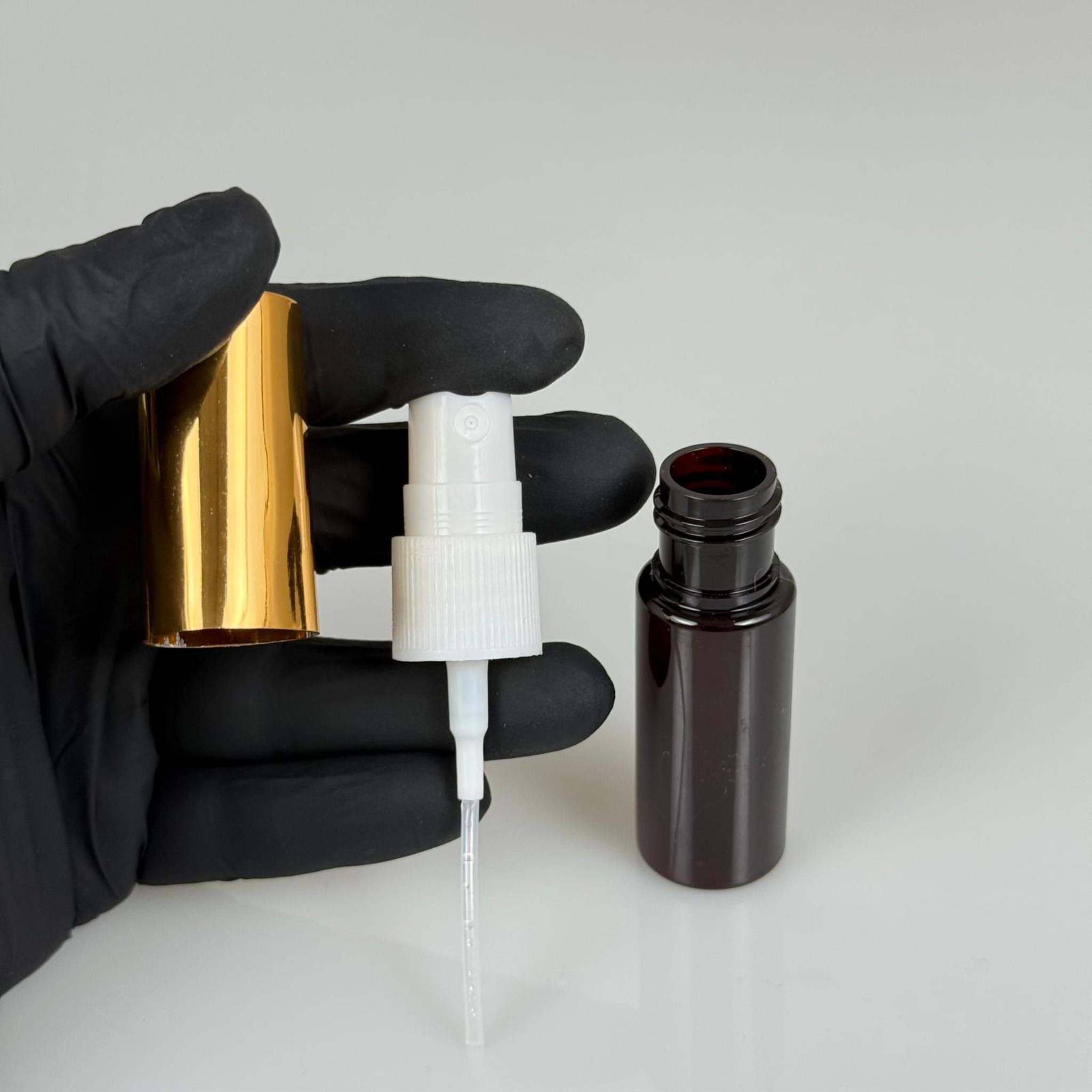 15 ML PET KOLONYA, PARFÜM VB ŞİŞELERİ - METAL ALÜMİNYUM GOLD KAPAK + VİDALI SPREY + 15 CC AMBER ŞİŞE SET TAKIM