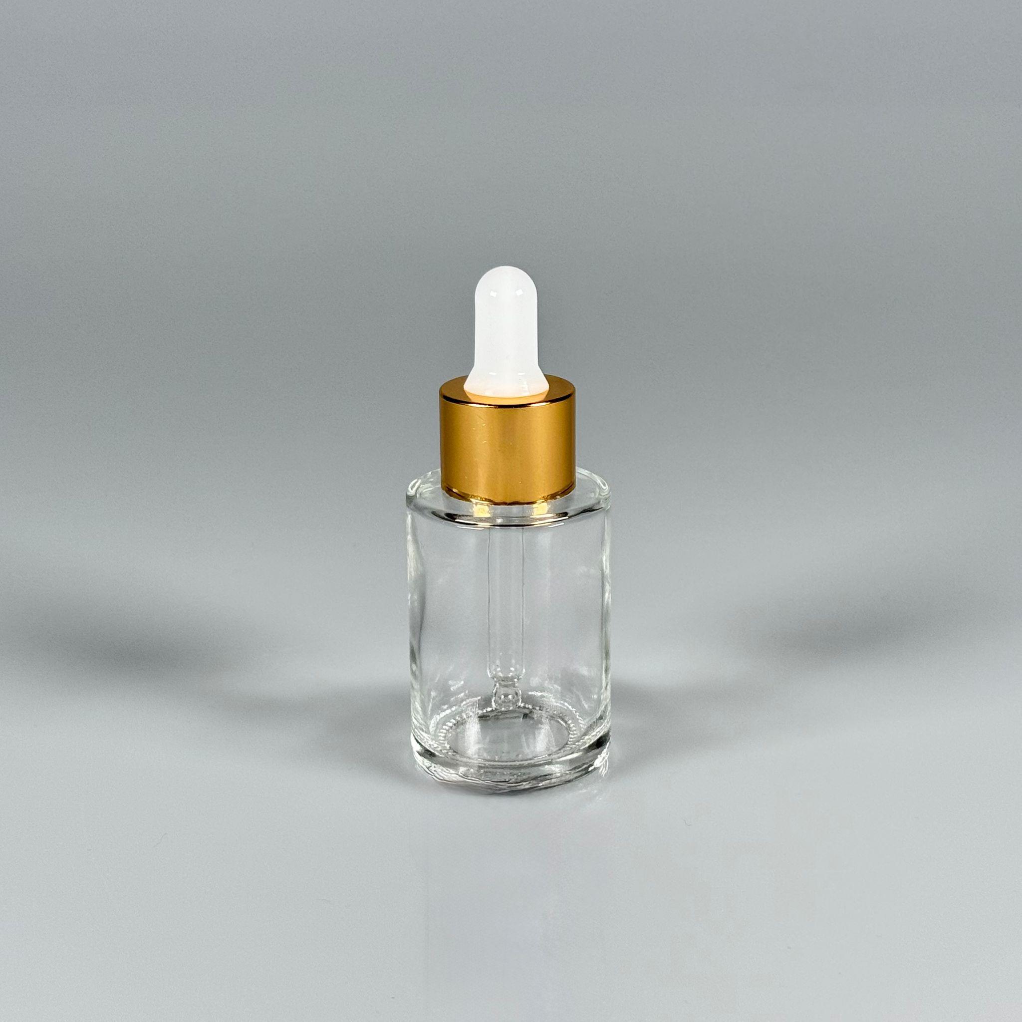 30 CC OMUZLU ŞEFFAF CAM ŞİŞE - BEYAZ EMZİKLİ GOLD KAPAKLI CAM DAMLALIKLI TAKIM (DAMLALIĞIN İÇİNDE SIZDIRMAZ CONTA MEVCUTTUR) - 30 ML KÜT BOYUNLU CAM SERUM ŞİŞESİ