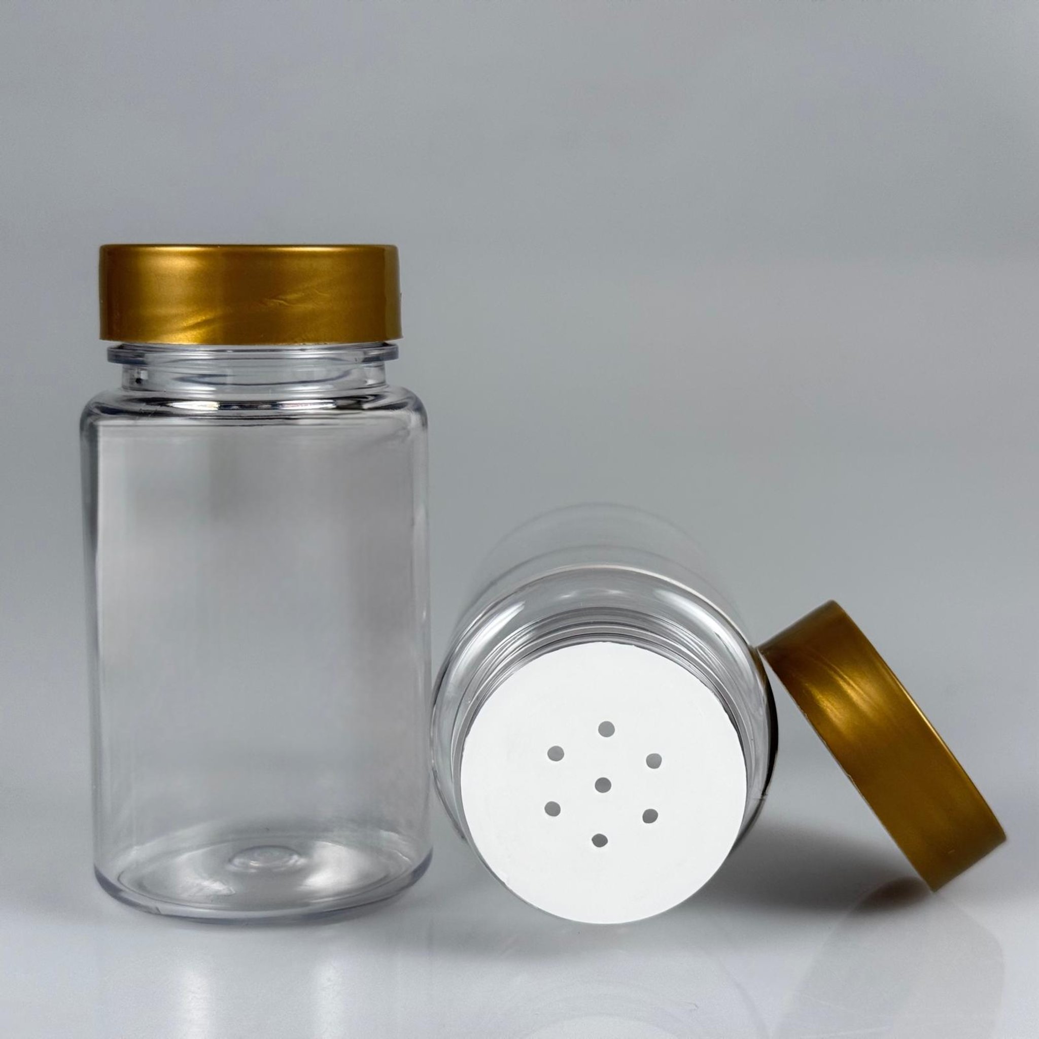 100 CC ŞEFFAF PET PUDRA ŞİŞESİ + GOLD PLASTİK KAPKLI + PUDRA TIPALI TAKIM - 100 ML PUDRA KUTUSU, EKO TUZLUK