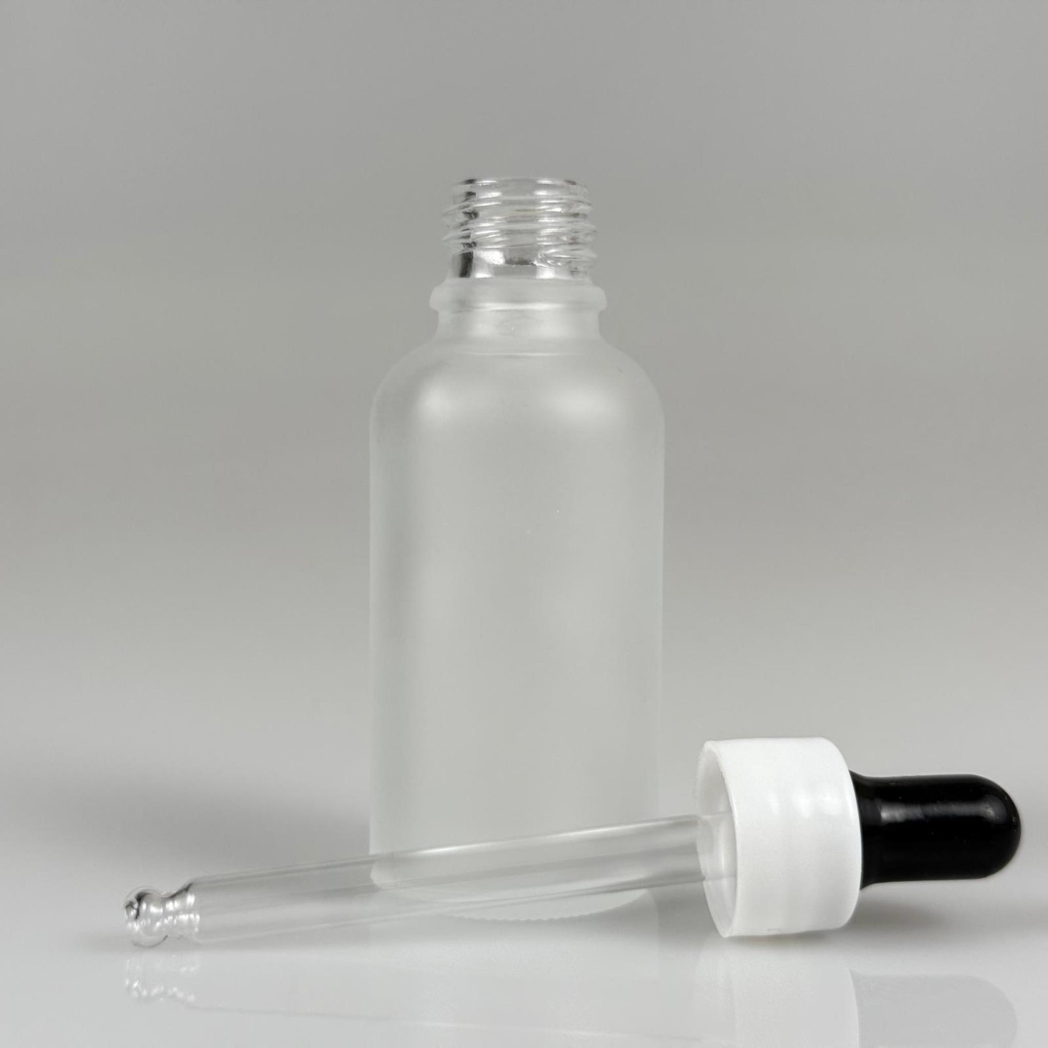 30 CC BUZLU CAM DAMLALIKLI ŞİŞE - SİYAH EMZİK + BEYAZ DÜZ KAPAK + CAM PİPET TAKIM - 30 ML BUZLU DAMLALIKLI ŞİŞE SETİ