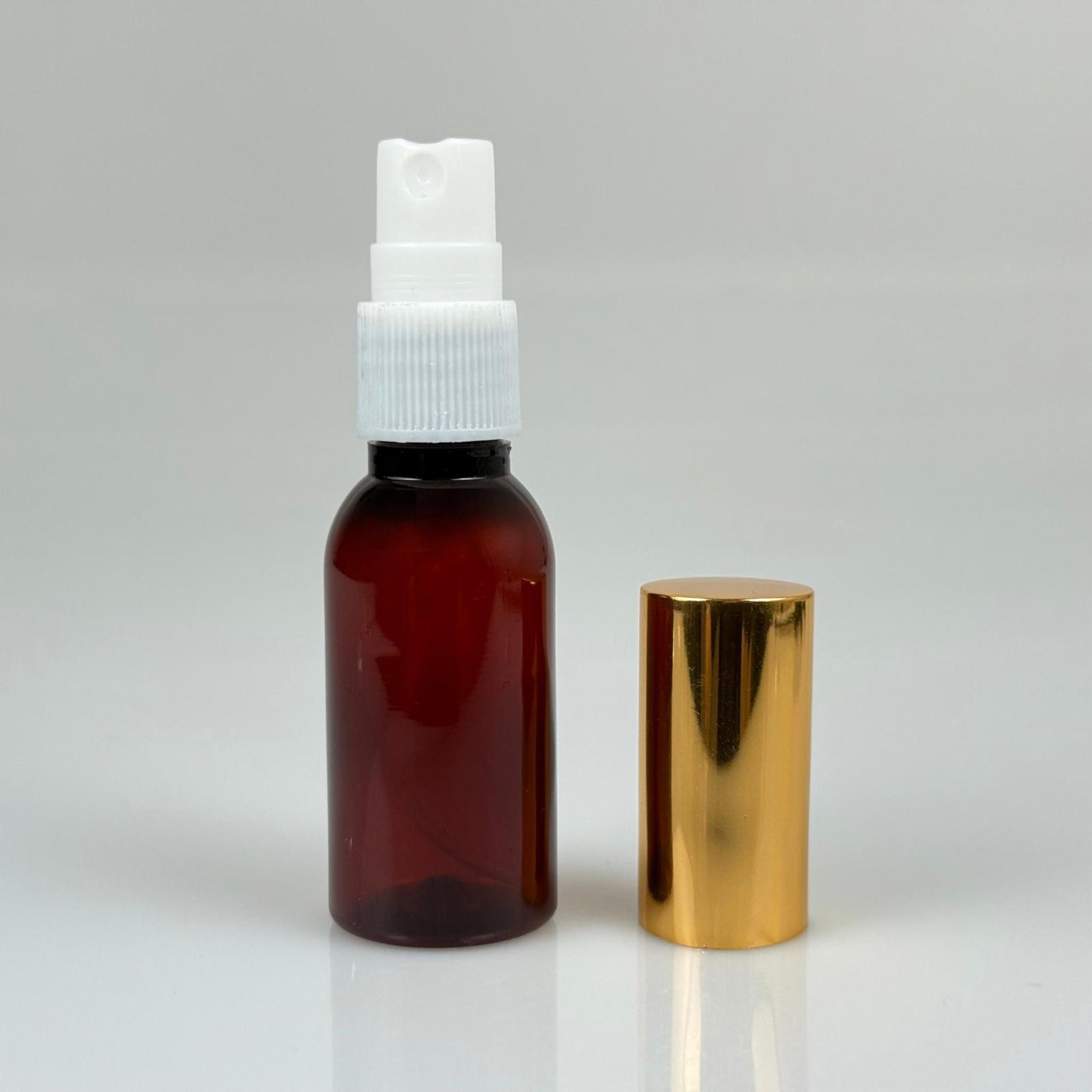 35 ML PET KOLONYA, PARFÜM VB ŞİŞELERİ - METAL ALÜMİNYUM GOLD KAPAK + VİDALI SPREY + 35 CC AMBER ŞİŞE SET TAKIM