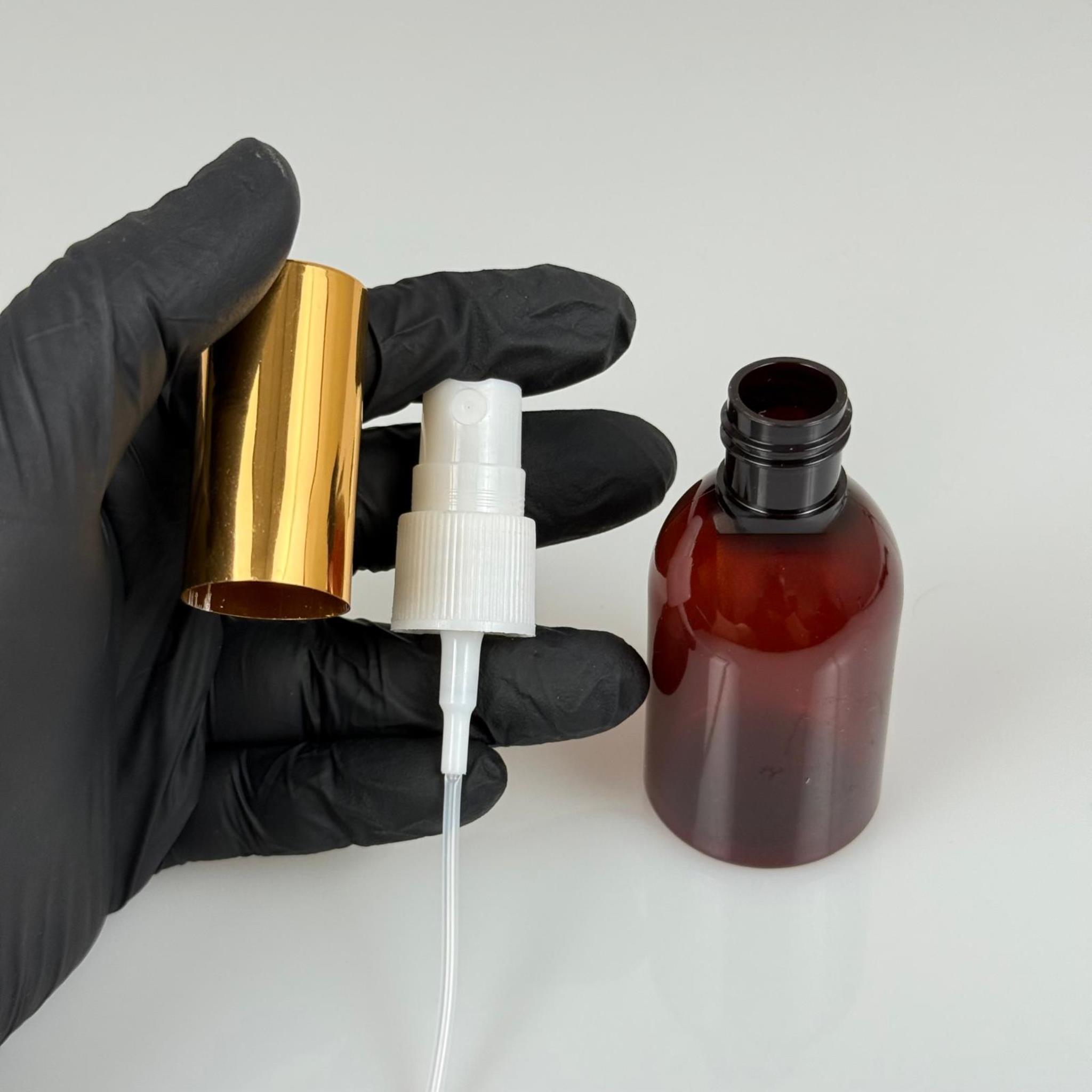 50 ML PET KOLONYA, PARFÜM VB ŞİŞELERİ - METAL ALÜMİNYUM GOLD KAPAK + VİDALI SPREY + 50 CC AMBER ŞİŞE SET TAKIM