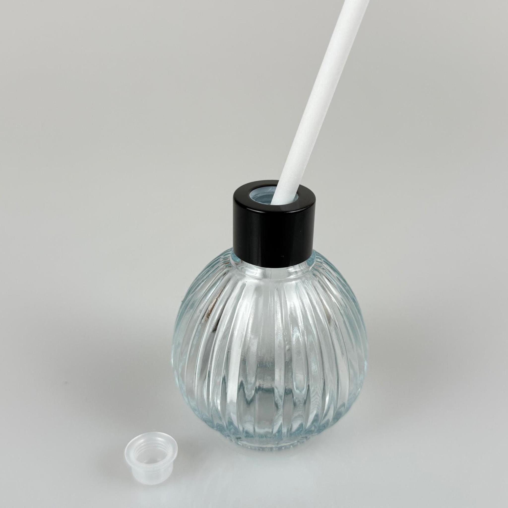 ÇİZGİLİ TOP MODEL CAM BAMBU ODA KOKUSU ŞİŞESİ + METAL SİYAH KAPAK + TIPA + KALIN BEYAZ FİBER BAMBU ÇUBUK - 50 ML SET TAKIM - HEDİYELİK PROMOSYON DİFFUSER ŞİŞELERİ