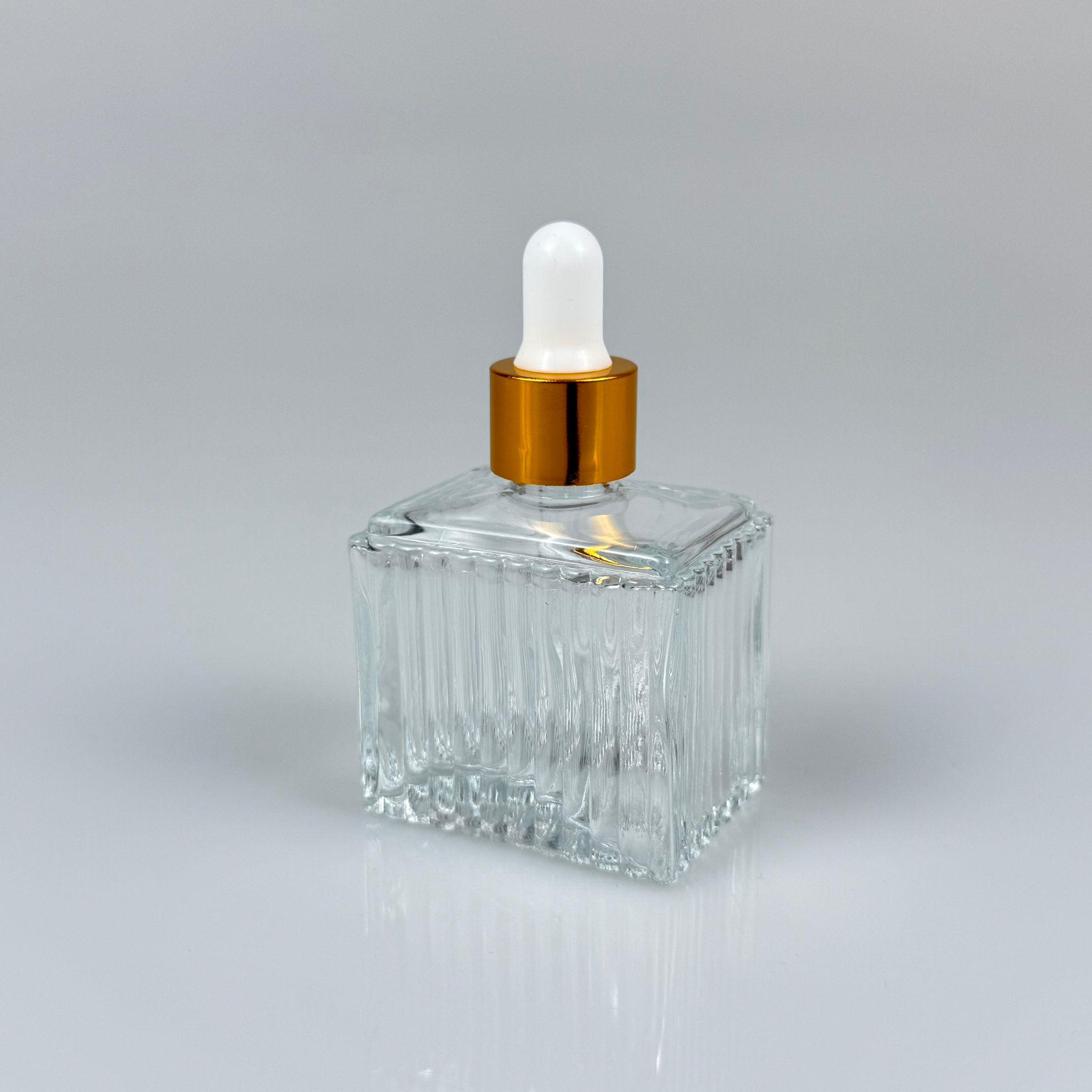 50 CC KÖŞELİ DESENLİ ÇİZGİLİ PRESTİJLİ CAM DAMLALIKLI ŞİŞE - BEYAZ EMZİK - GOLD METALİK KAPAK - 50 ML CAM DAMLALIKLI ŞİŞE - DAMLALIKLI BOŞ ŞİŞE