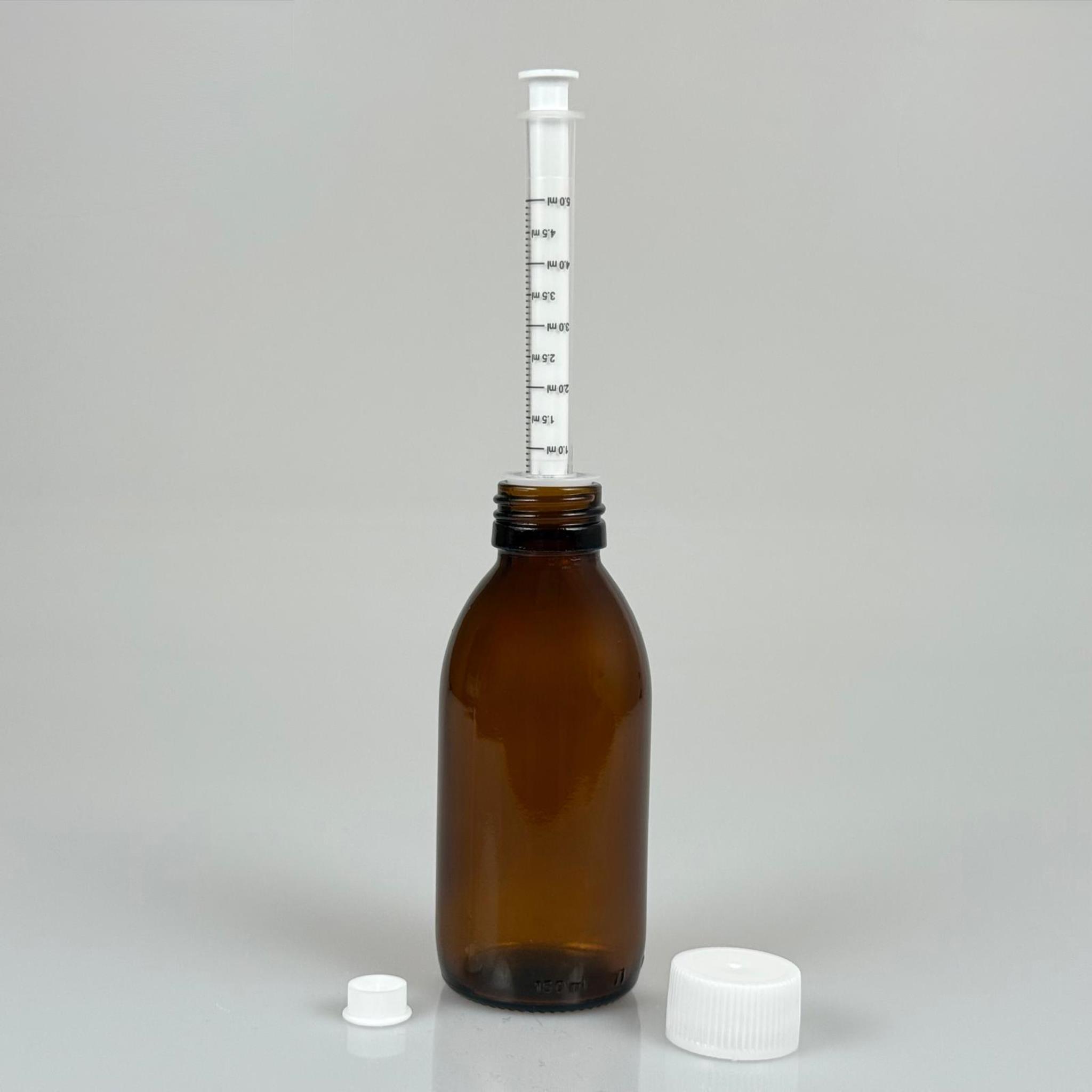 150 ML CAM ECZA ŞİŞESİ + 5 ML DOZAJ PİPETİ + DOZAJ TIPASI + CONTALI PLASTİK KAPAK TAKIM