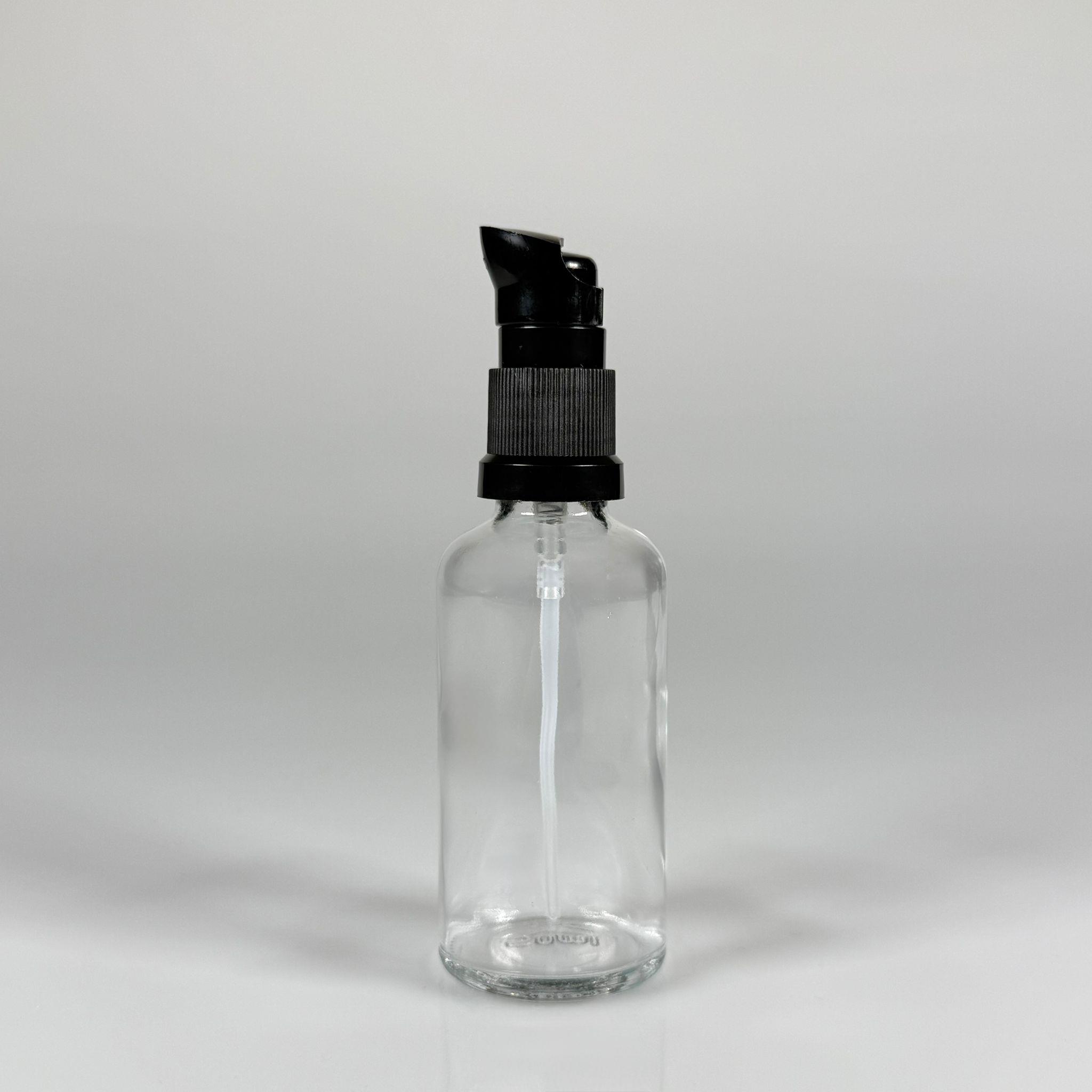 50 CC ŞEFFAF CAM ŞİŞE - SIZDIRMAZ ETEKLİ SİYAH LOSYON POMPALI TAKIM - 50 ML LOSYON ŞİŞESİ - YAĞ, KREM GİBİ YOĞUN KIVAMLI SIVILAR İÇİN CAM AMBALAJ