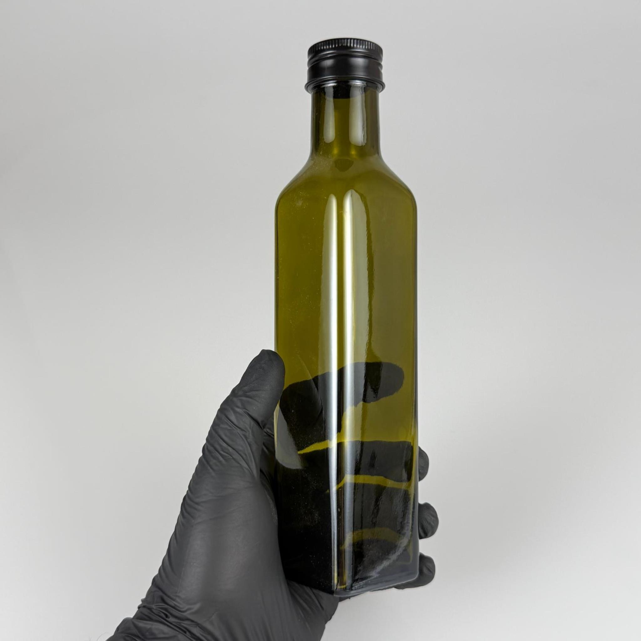 250 CC YEŞİL MARASKA CAM ŞİŞE - SİYAH METAL ALÜMİNYUM KAPAKLI - 250 ML KÖŞELİ YAĞ ŞİŞESİ - SİRKE ŞİŞESİ