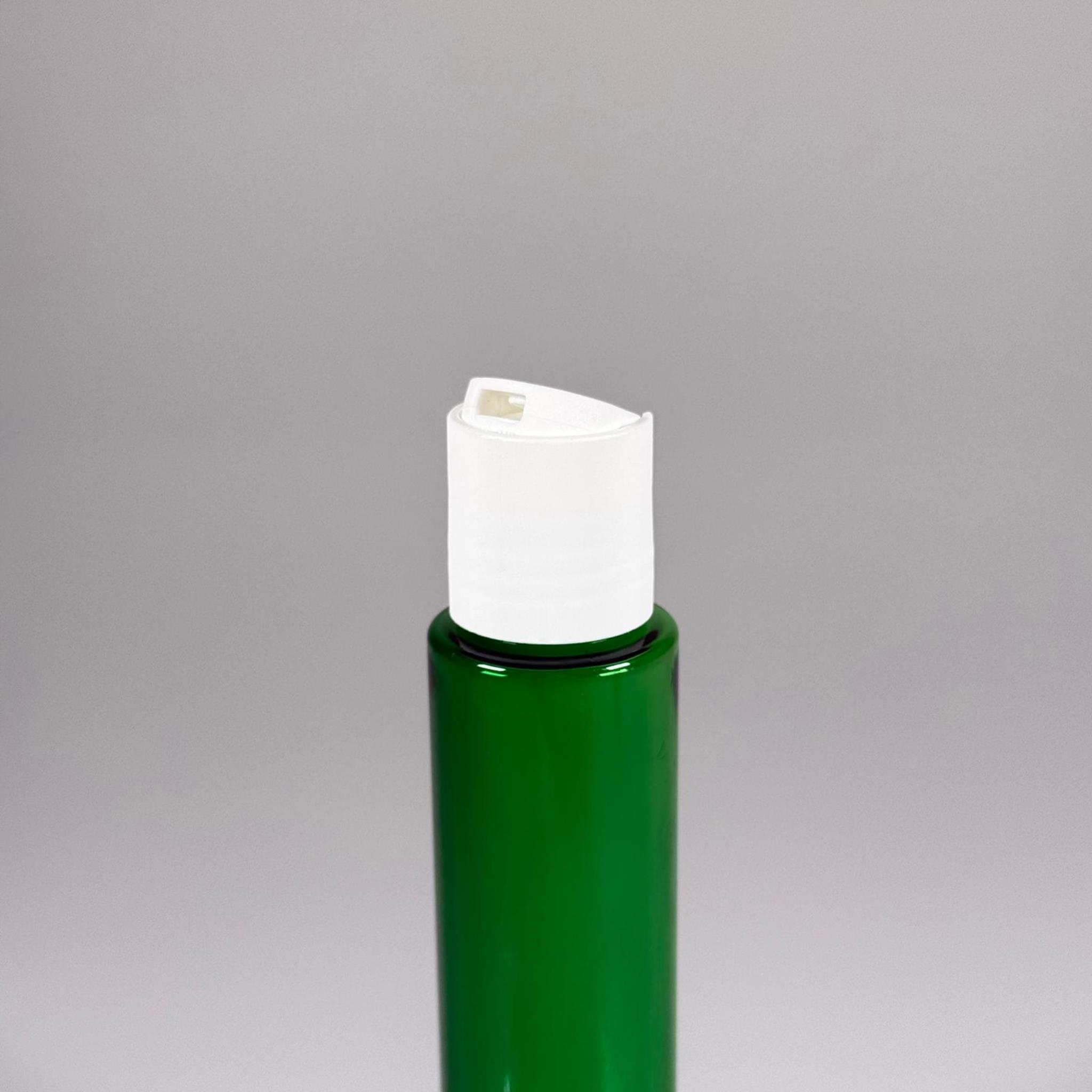 100 CC UZUN SİLİNDİR YEŞİL PET ŞİŞE (24 GR) - BEYAZ DİSKTOP AKITICI ŞAMPUAN KAPAKLI - 100 ML BİBERİYE SUYU, LAVANTA YAĞI, SAÇ SERUM, TONİK VB İÇİN PLASTİK KOZMETİK AMBALAJLARI
