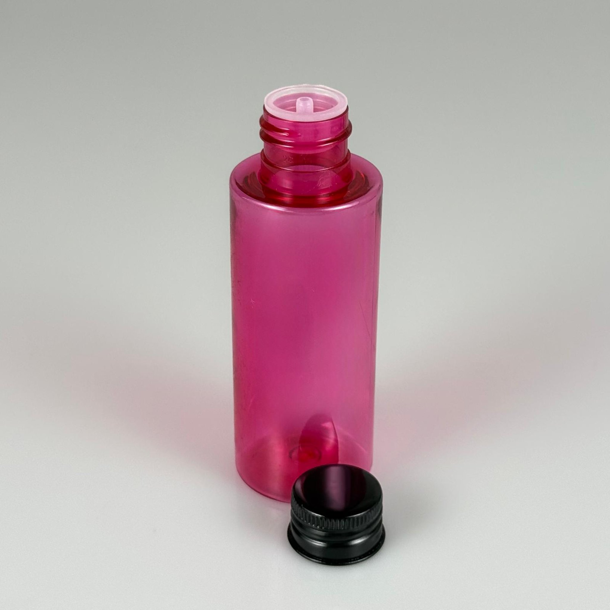 100 CC PEMBE SİLİNDİR KESKİN KÜT MODEL SERT PET ŞİŞE (17 GR - 24 AĞIZ ) + KÖPÜK CONTALI SİYAH METAL ALÜMİNYUM KAPAK + KOLONYA TIPALI TAKIM - 100 ML KAPAKLI PEMBE PET ŞİŞELER