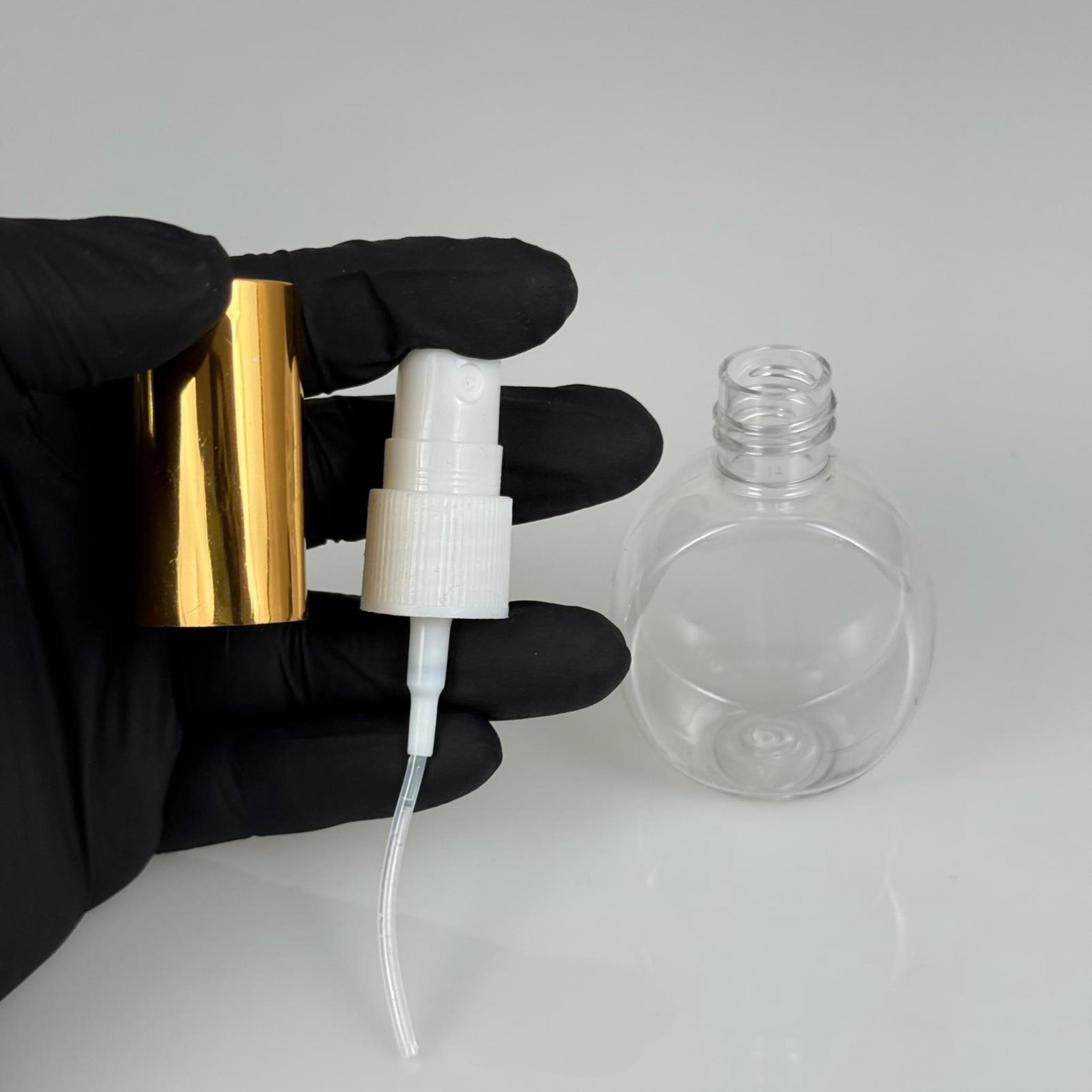 40 ML PET KOLONYA, PARFÜM VB ŞİŞELERİ - METAL ALÜMİNYUM GOLD KAPAK + VİDALI SPREY + 40 CC YUVARLAK ŞİŞE SET TAKIM