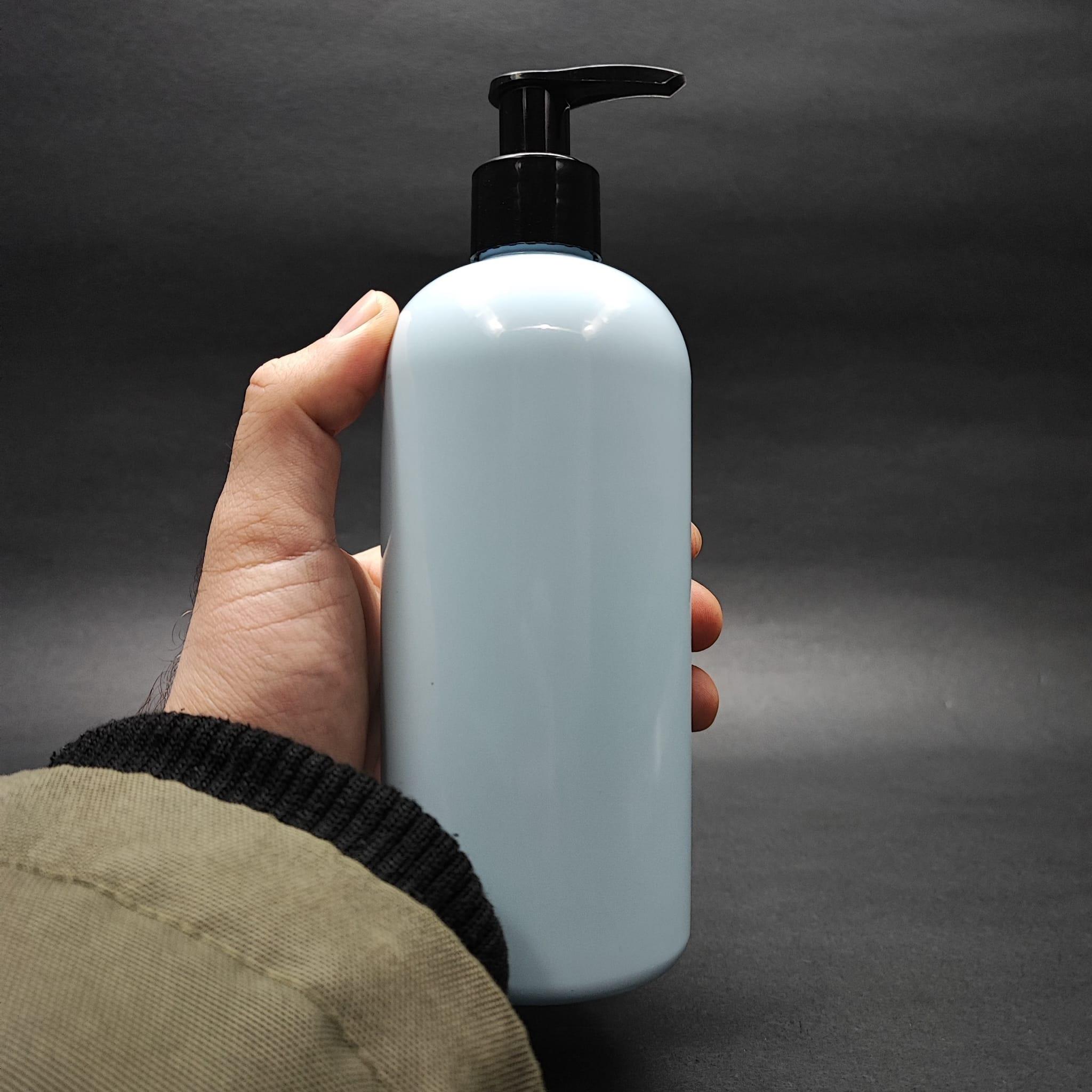 400 CC OVAL BOYUNLU SİLİNDİR PET ŞİŞE (30 GR) - SİYAH POMPALI - 400 ML PLASTİK ŞİŞE - BEBEK MAVİSİ