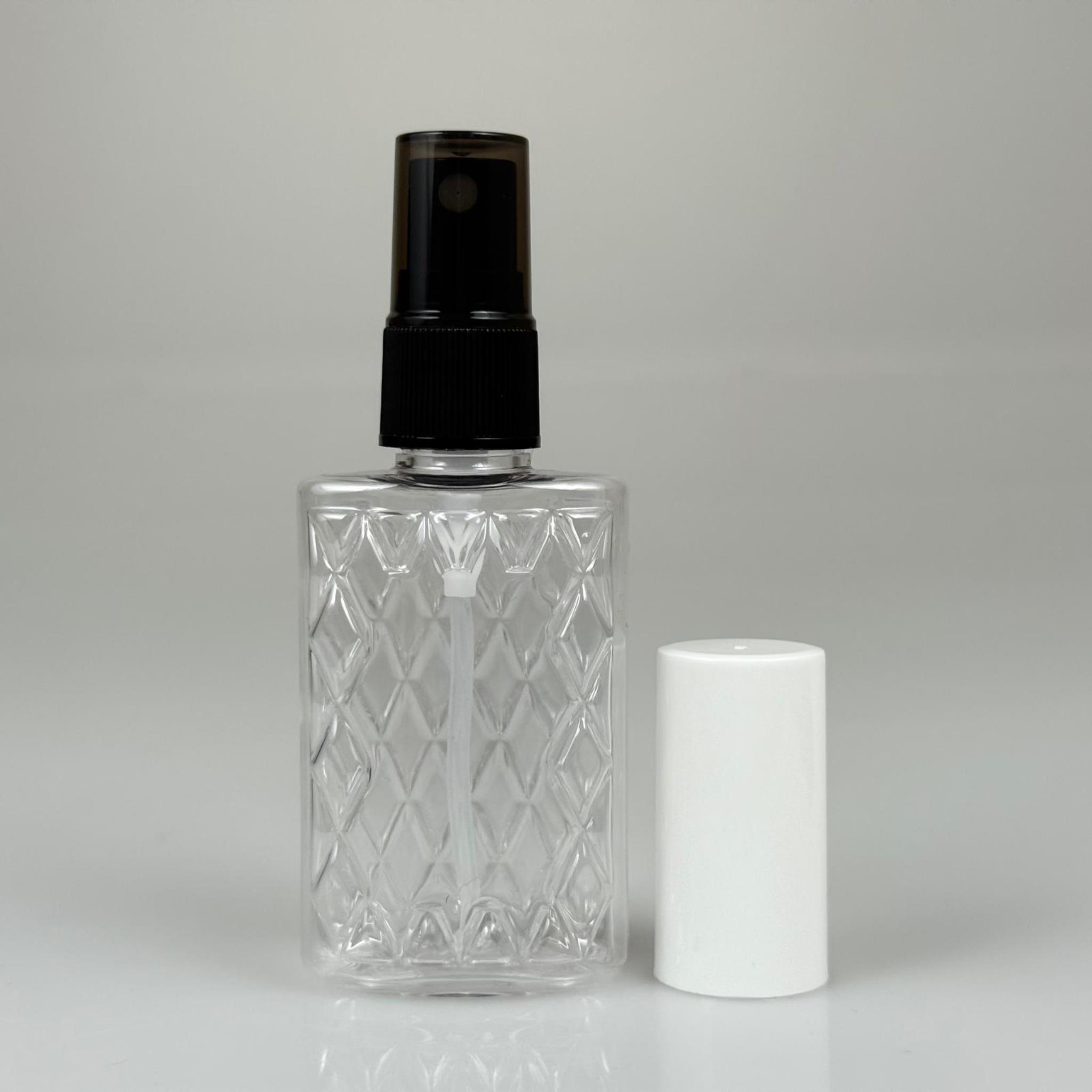 50 CC ŞEFFAF PET KÖŞELİ PARFÜM ŞİŞESİ - SİYAH SPREYLİ - BEYAZ KORUMA KAPAKLI - 50 ML PLASTİK PARFÜM - KOLONYA ŞİŞESİ