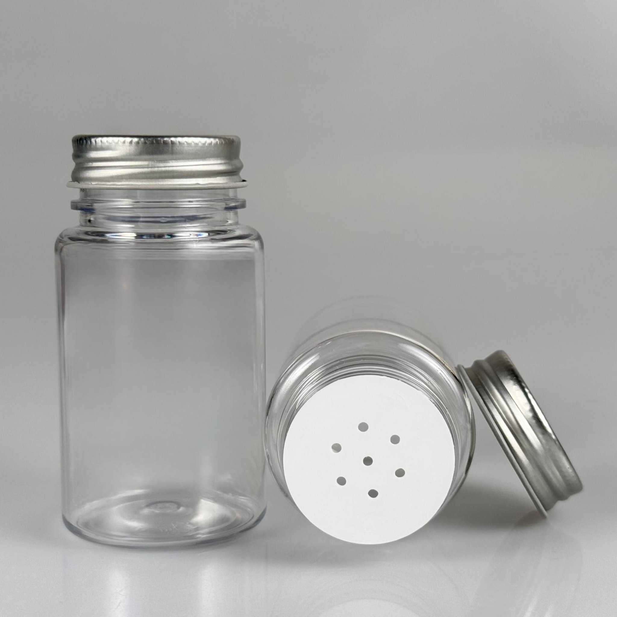 100 CC ŞEFFAF PET PUDRA ŞİŞESİ + GÜMÜŞ METAL KAPKLI + PUDRA TIPALI TAKIM - 100 ML PUDRA KUTUSU, EKO TUZLUK