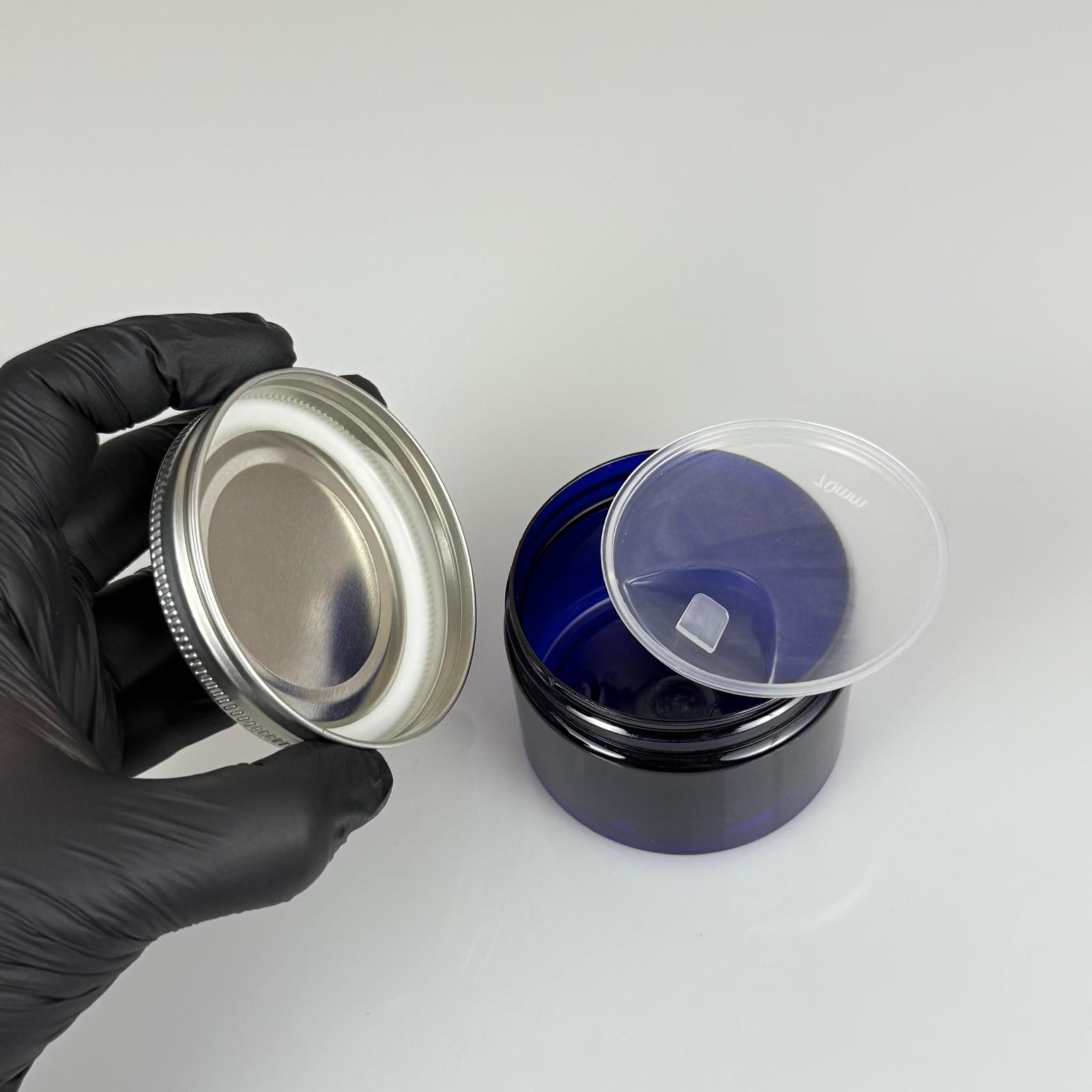 150 ML SERT PET KAVANOZ + GÜMÜŞ METAL KAPAK + İÇ TIPA - 150 CC KALIN MAVİ PLASTİK KAVANOZ GÜMÜŞ METAL KAPAKLI İÇ TIPALI TAKIM - KREM KAVANOZLARI
