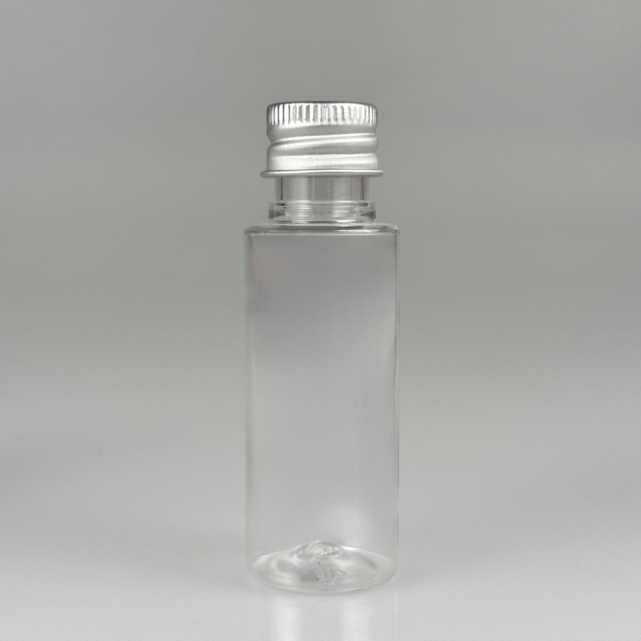 30 CC ŞEFFAF SİLİNDİR UZUN MODEL PET ŞİŞE + KÖPÜK CONTALI GÜMÜŞ ALÜMİNYUM METAL KAPAKLI TAKIM - 30 ML PLASTİK ŞİŞE