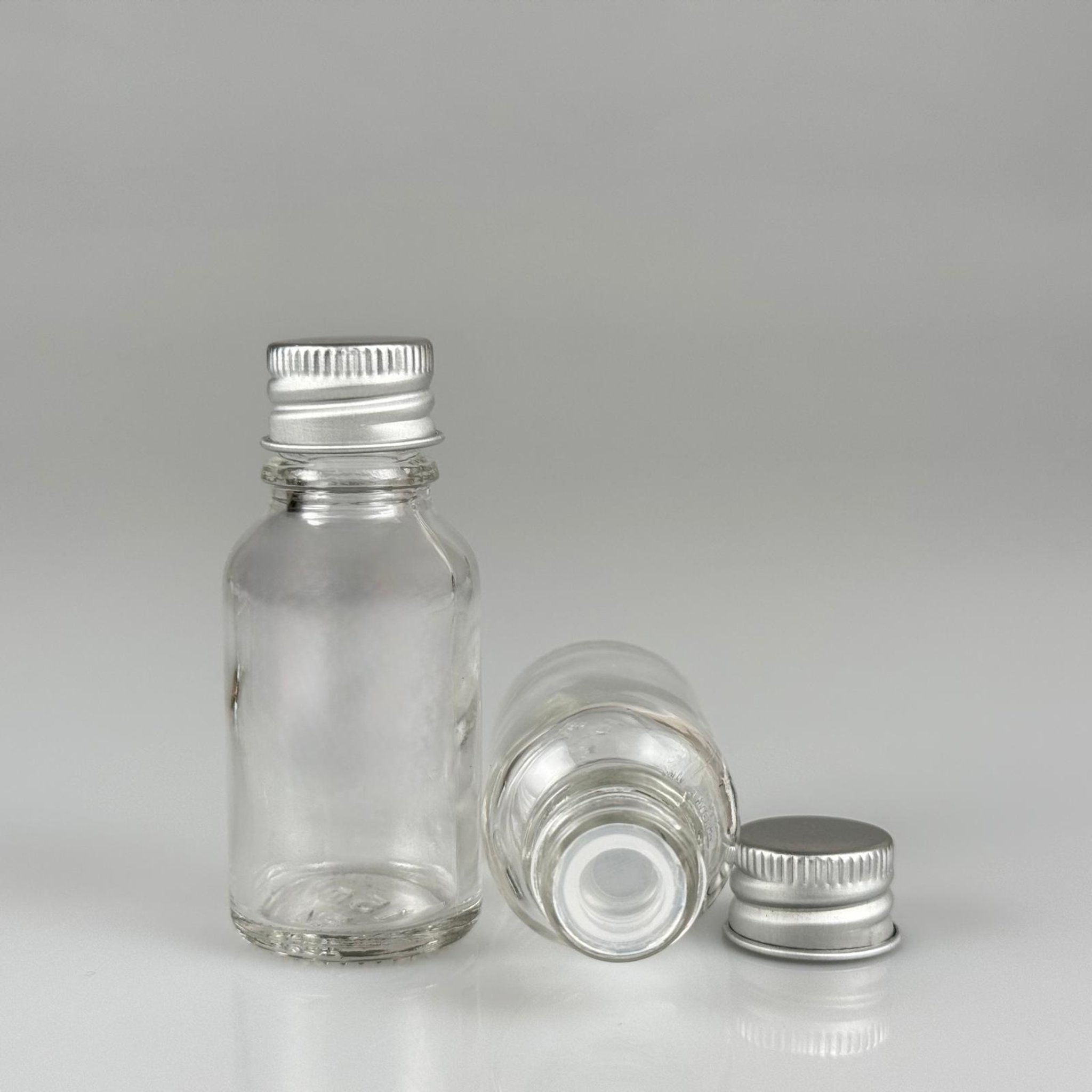 15 CC ŞEFFAF CAM ŞİŞE + KÖPÜK CONTALI GÜMÜŞ ALÜMİNYUM METAL KAPAKLI + KÖR TIPALI TAKIM - 15 ML ŞEFFAF CAM ŞİŞE