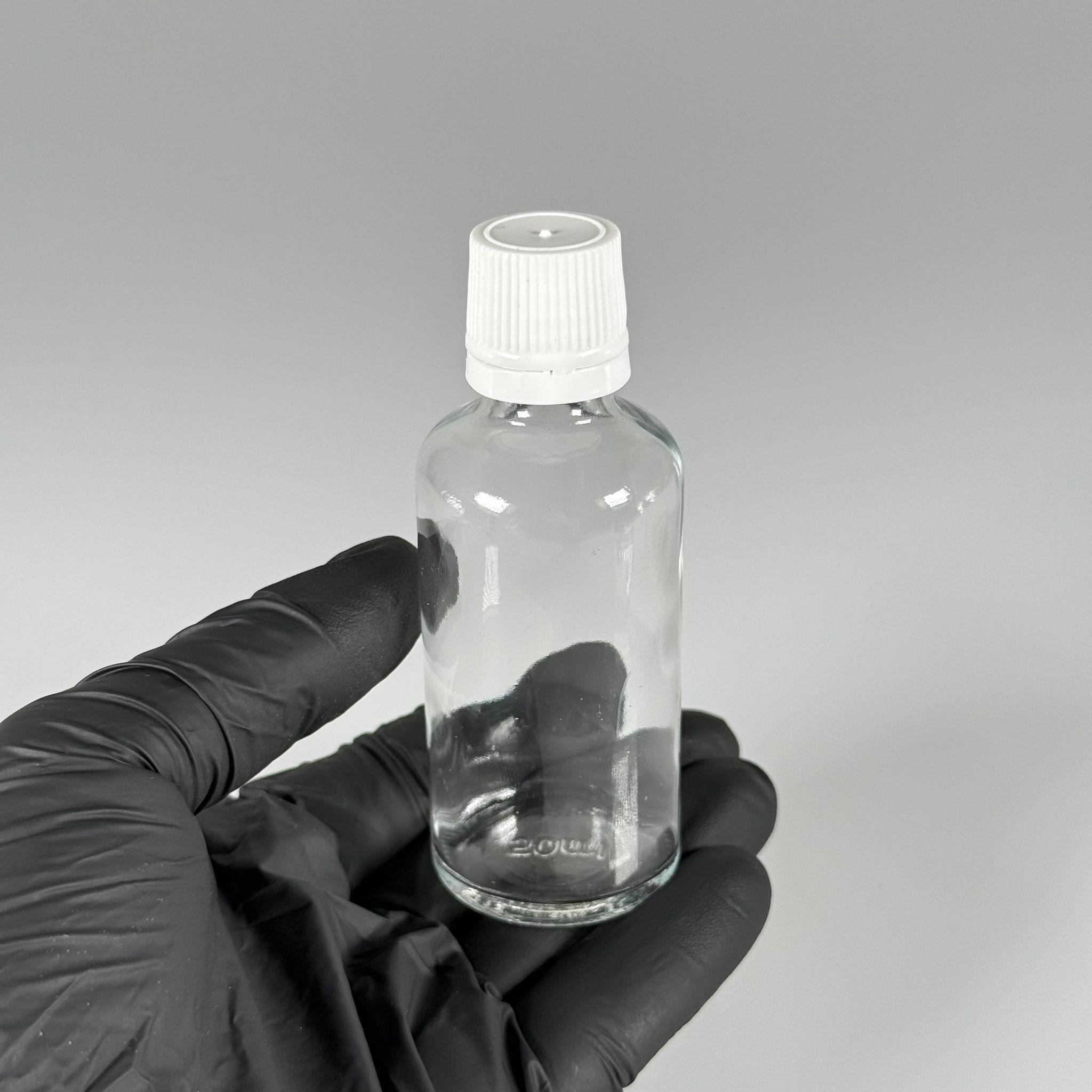 50 CC CAM ŞEFFAF KİLİTLİ, KENDİNDEN CONTALI BEYAZ KAPAKLI - 50 ML DAR AĞIZLI İLAÇ ŞİŞESİ