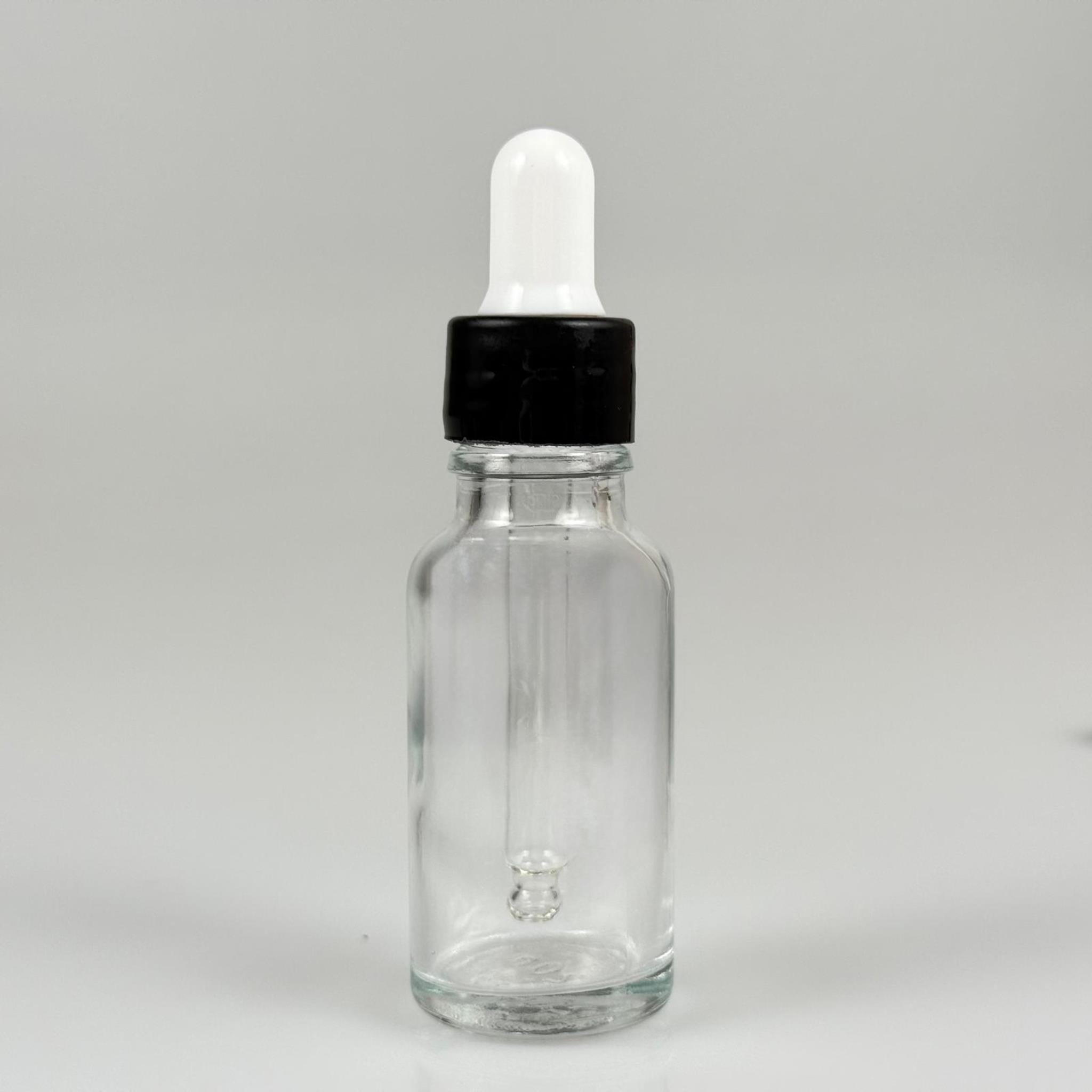 20 CC ŞEFFAF CAM DAMLALIKLI ŞİŞE - BEYAZ EMZİK + SİYAH DÜZ KAPAK + CAM PİPET TAKIM - 20 ML DAMLALIKLI ŞİŞE SETİ