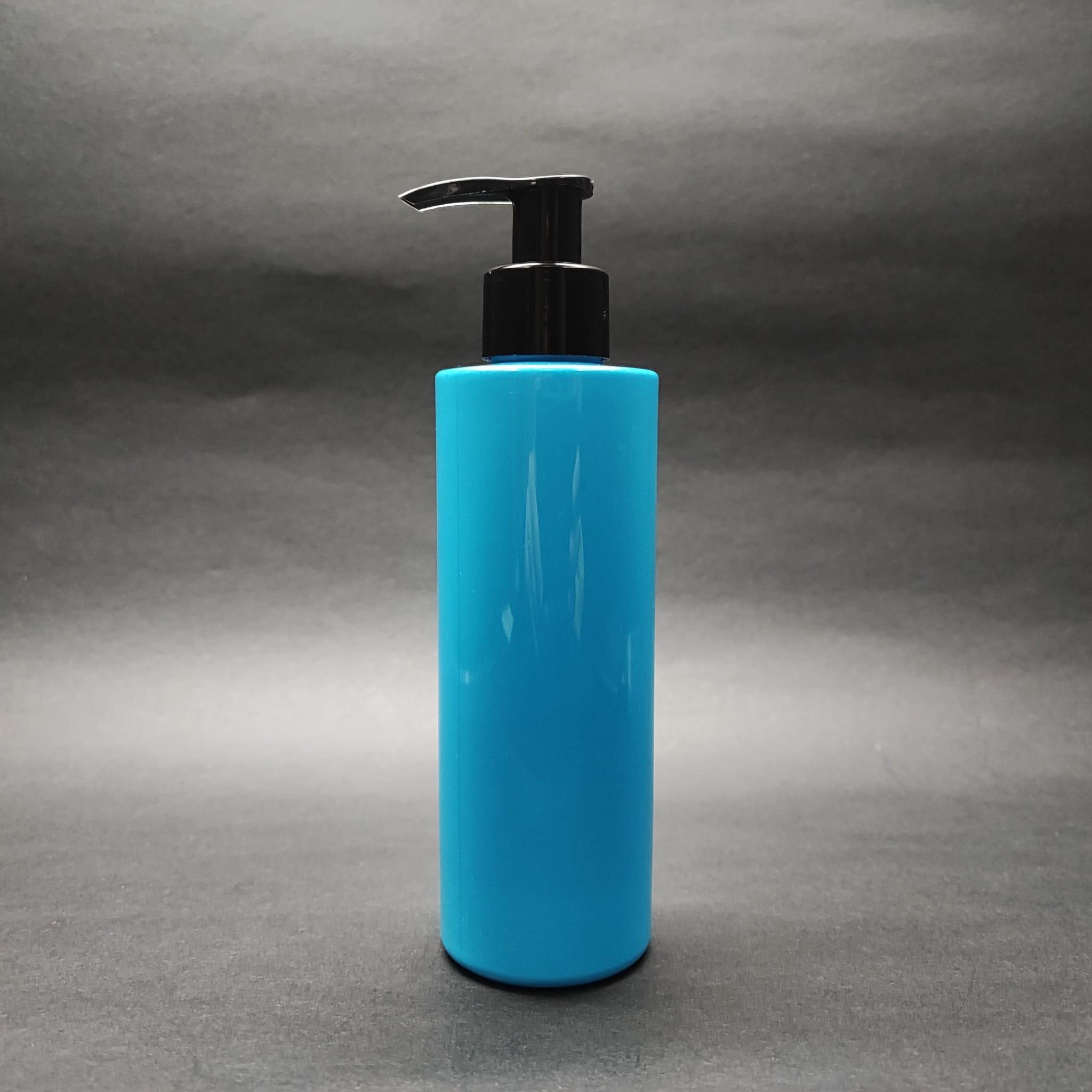 200 CC KÜT BOYUNLU UZUN SİLİNDİR PET ŞİŞE (24 GR) - SİYAH SIVI SABUN POMPALI - 200 ML PLASTİK ŞİŞE - MAVİ