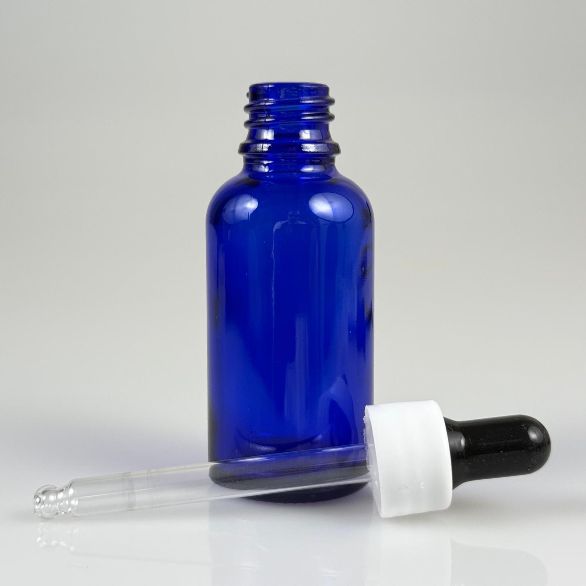 30 CC MAVİ CAM DAMLALIKLI ŞİŞE - SİYAH EMZİK + BEYAZ DÜZ KAPAK + CAM PİPET TAKIM - 30 ML DAMLALIKLI ŞİŞE SETİ