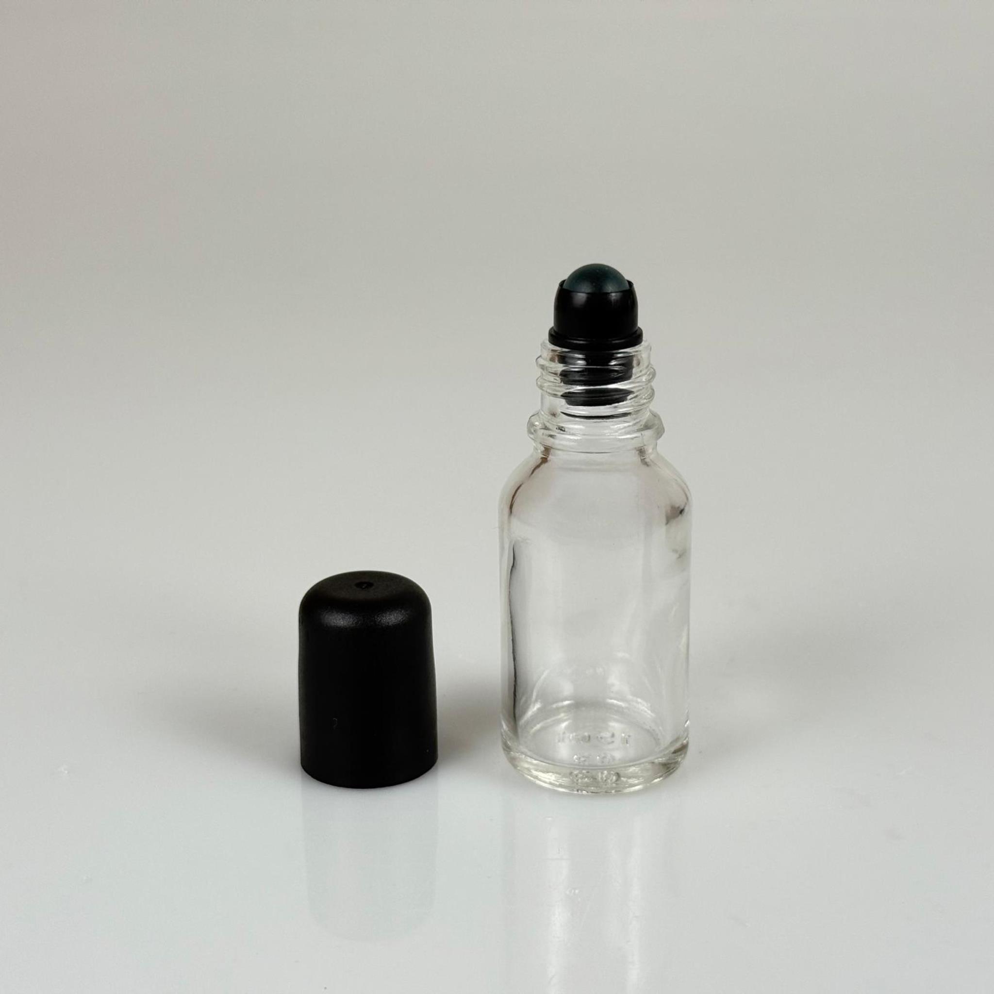 15 CC ŞEFFAF CAM ROLL-ON ŞİŞESİ - SİYAH KAPAKLI -  15 ML CAM BİLYELİ ŞİŞE - CAM ROLL ON ŞİŞE - CAM ESANS ŞİŞESİ