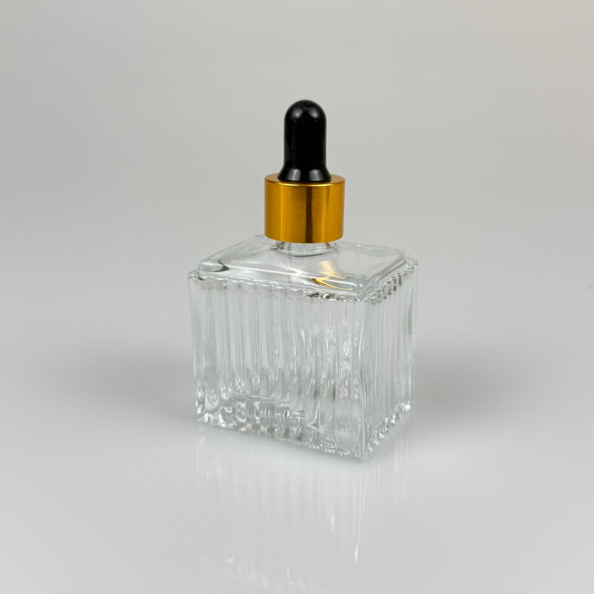 50 CC KÖŞELİ DESENLİ ÇİZGİLİ PRESTİJLİ CAM DAMLALIKLI ŞİŞE - SİYAH EMZİK - GOLD METALİK KAPAK - 50 ML CAM DAMLALIKLI ŞİŞE - DAMLALIKLI BOŞ ŞİŞE