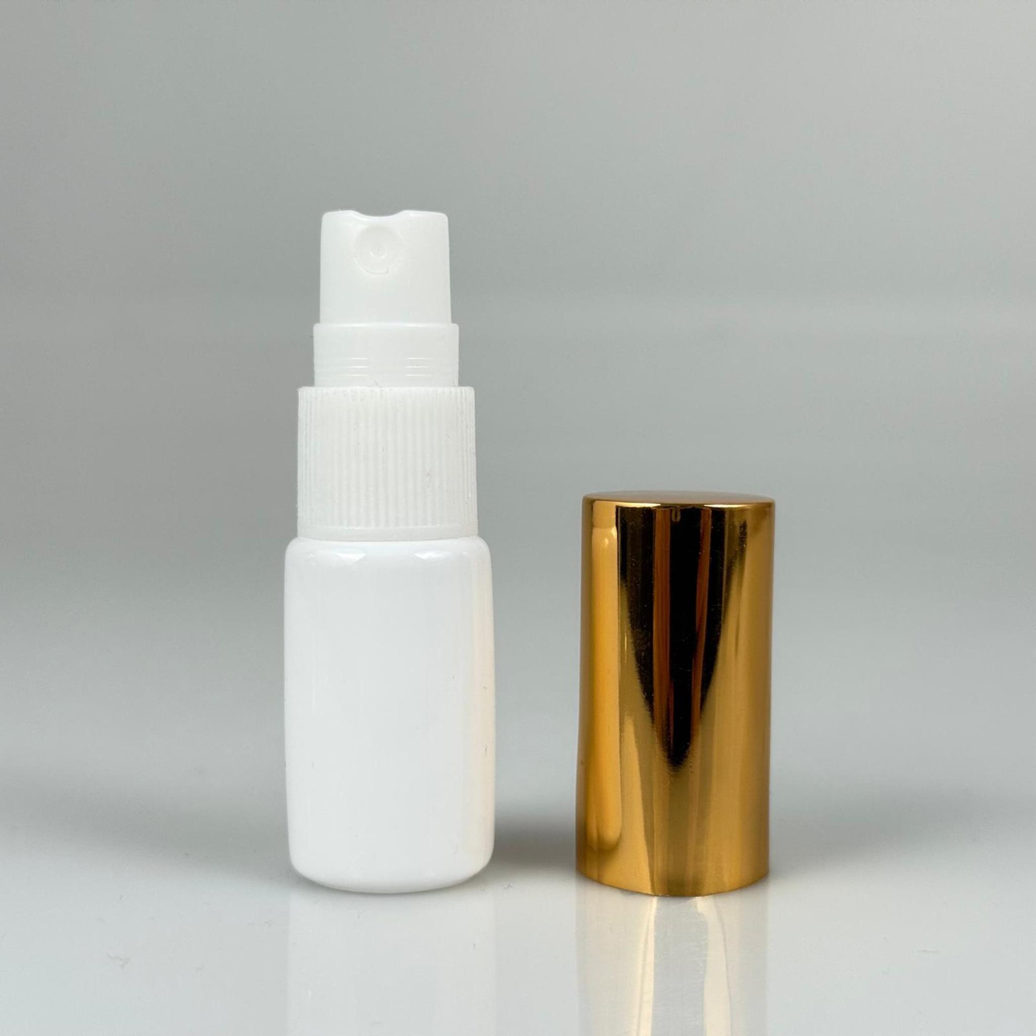 10 ML PET KOLONYA, PARFÜM VB ŞİŞELERİ - METAL ALÜMİNYUM GOLD KAPAK + VİDALI SPREY + 10 CC BEYAZ SHOT ŞİŞE SET TAKIM